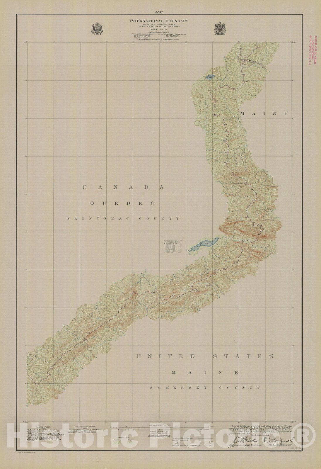 Historic Nautical Map - International Boundary, From The St. Lawrence River To The Source Of The St. Croix River, Sheet No. 21, ME, 1924 NOAA Topographic - Vintage Wall Art