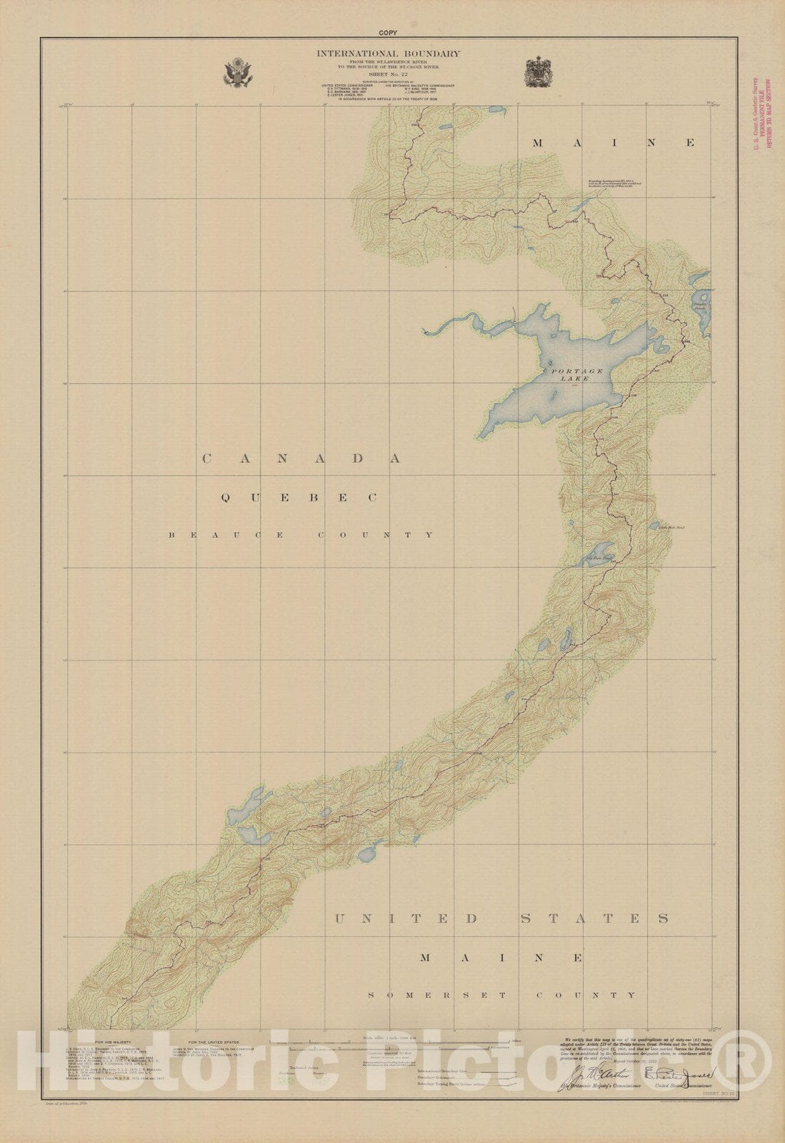 Historic Nautical Map - International Boundary, From The St. Lawrence River To The Source Of The St. Croix River, Sheet No. 22, ME, 1924 NOAA Topographic - Vintage Wall Art