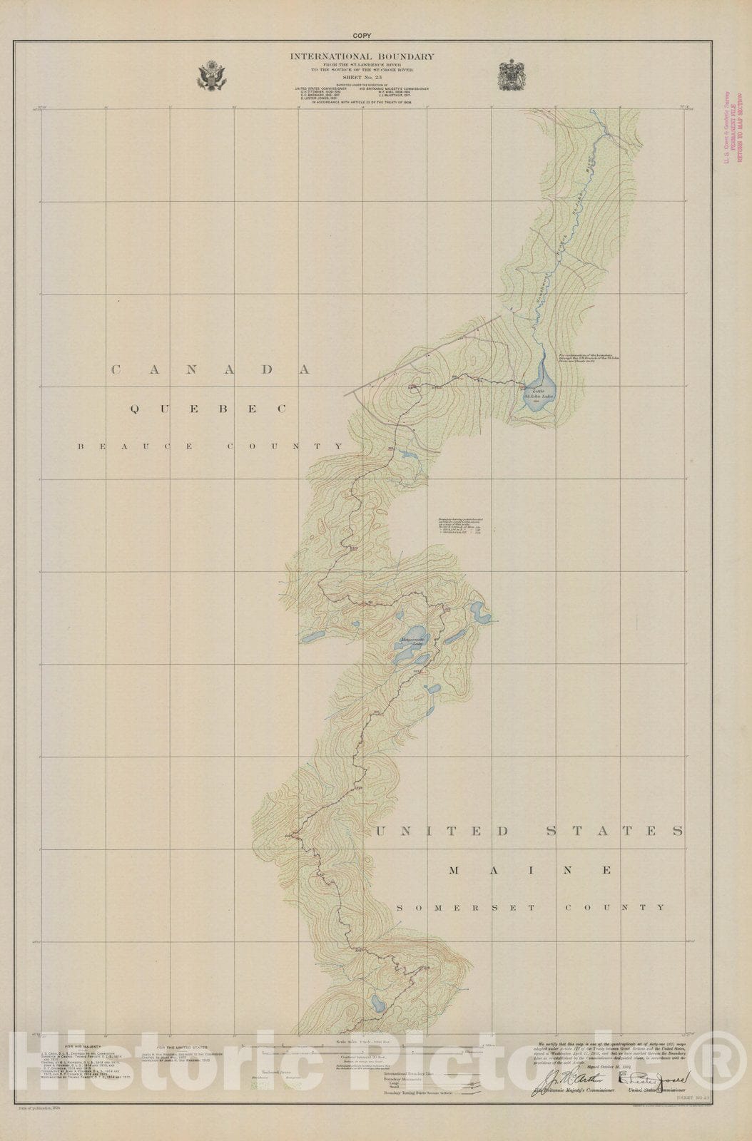 Historic Nautical Map - International Boundary, From The St. Lawrence River To The Source Of The St. Croix River, Sheet No. 23, ME, 1924 NOAA Topographic - Vintage Wall Art