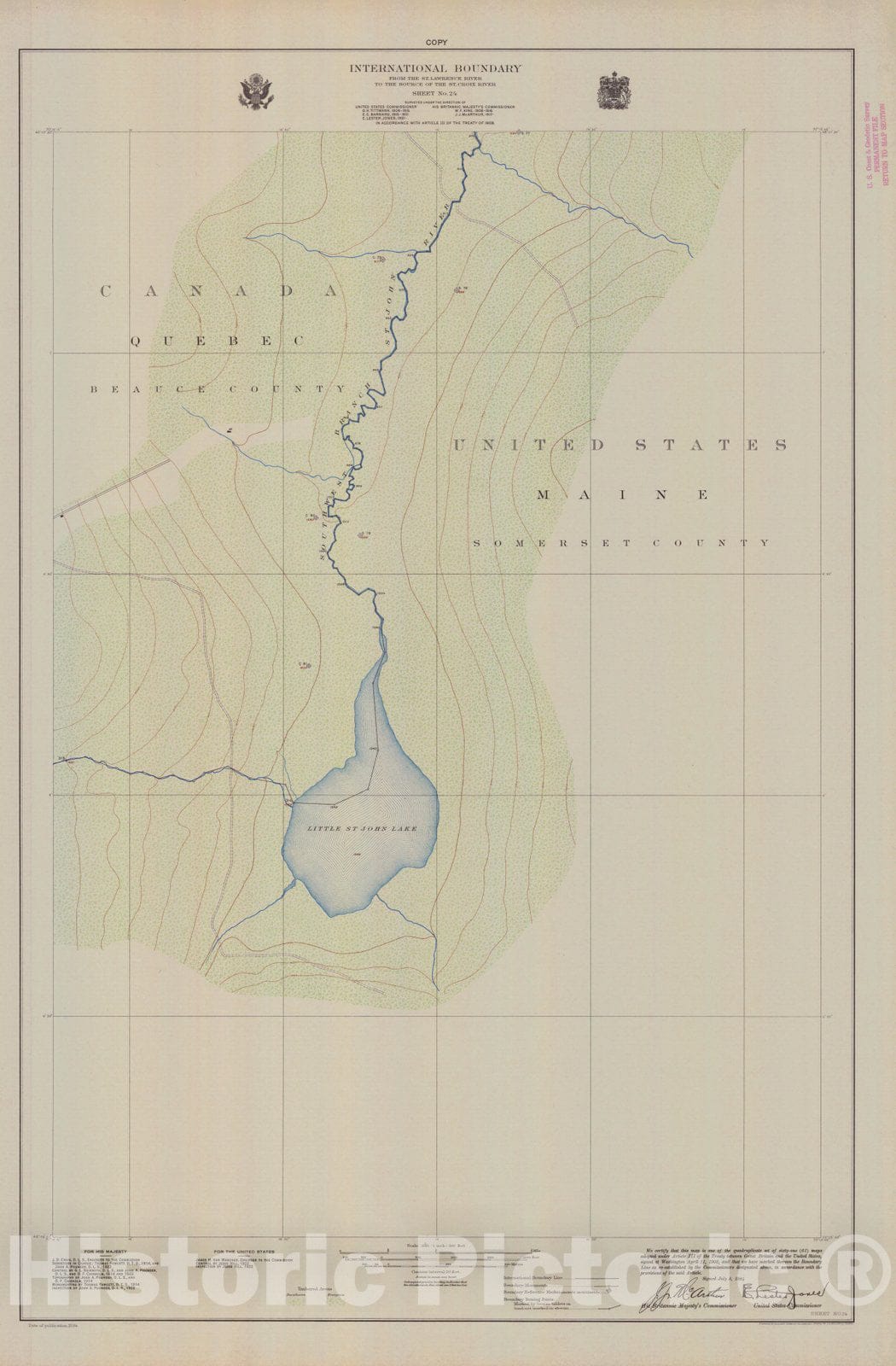 Historic Nautical Map - International Boundary, From The St. Lawrence River To The Source Of The St. Croix River, Sheet No. 24, ME, 1924 NOAA Topographic - Vintage Wall Art