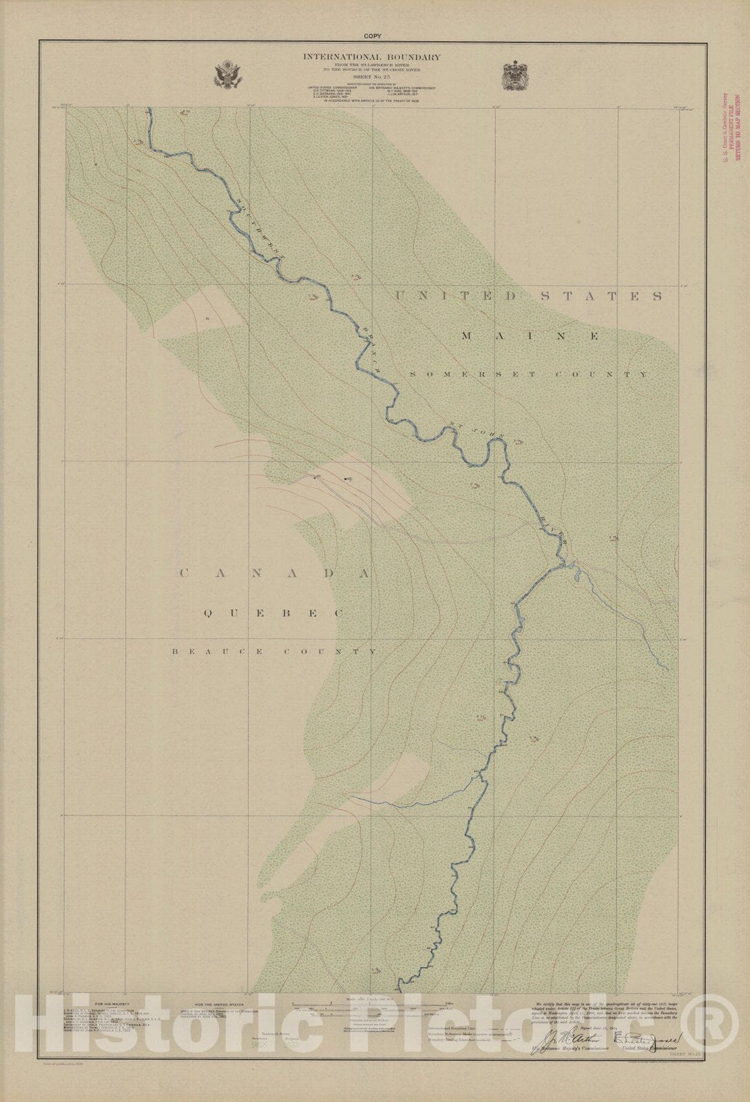 Historic Nautical Map - International Boundary, From The St. Lawrence River To The Source Of The St. Croix River, Sheet No. 25, ME, 1924 NOAA Topographic - Vintage Wall Art