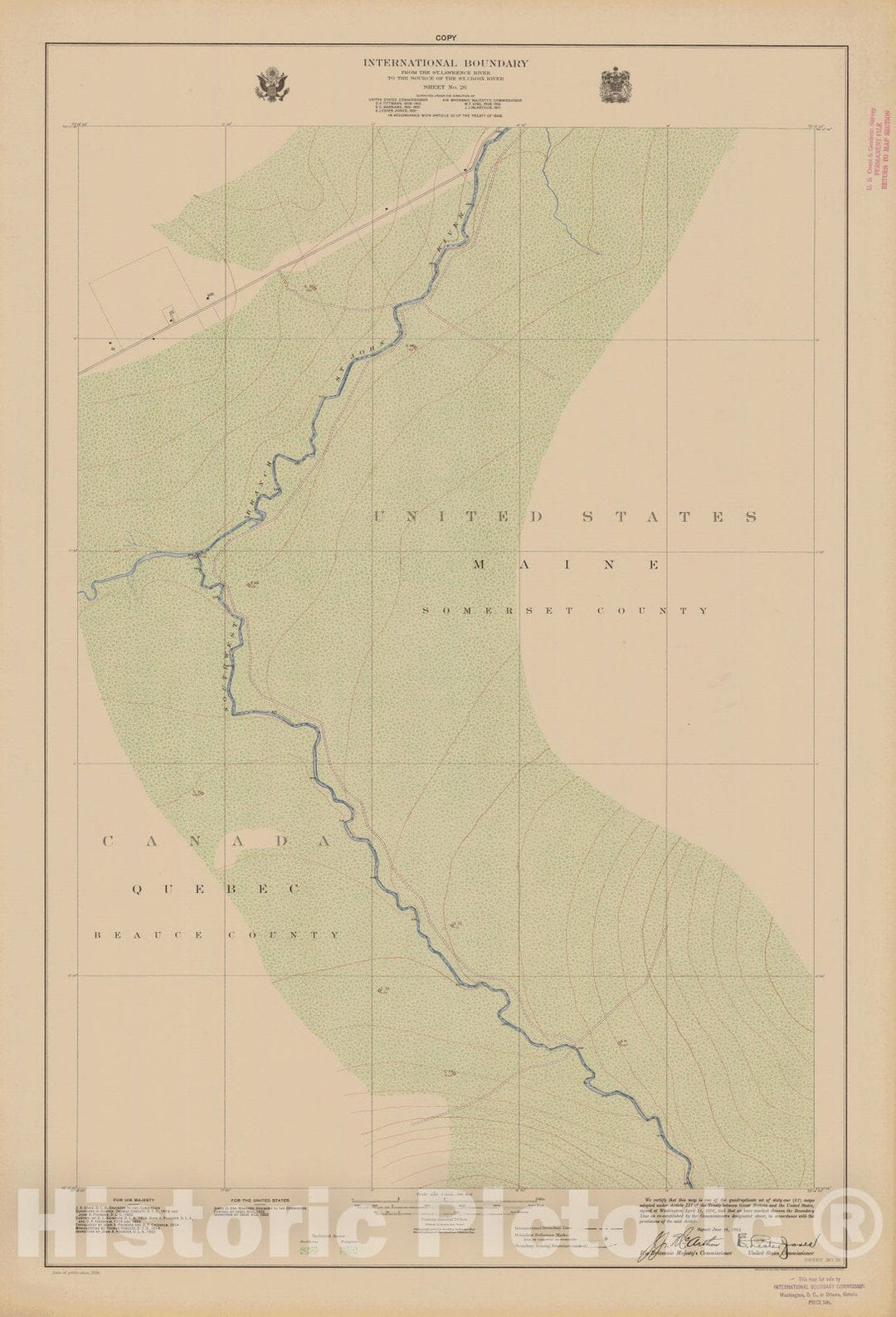 Historic Nautical Map - International Boundary, From The St. Lawrence River To The Source Of The St. Croix River, Sheet No. 26, ME, 1924 NOAA Topographic - Vintage Wall Art