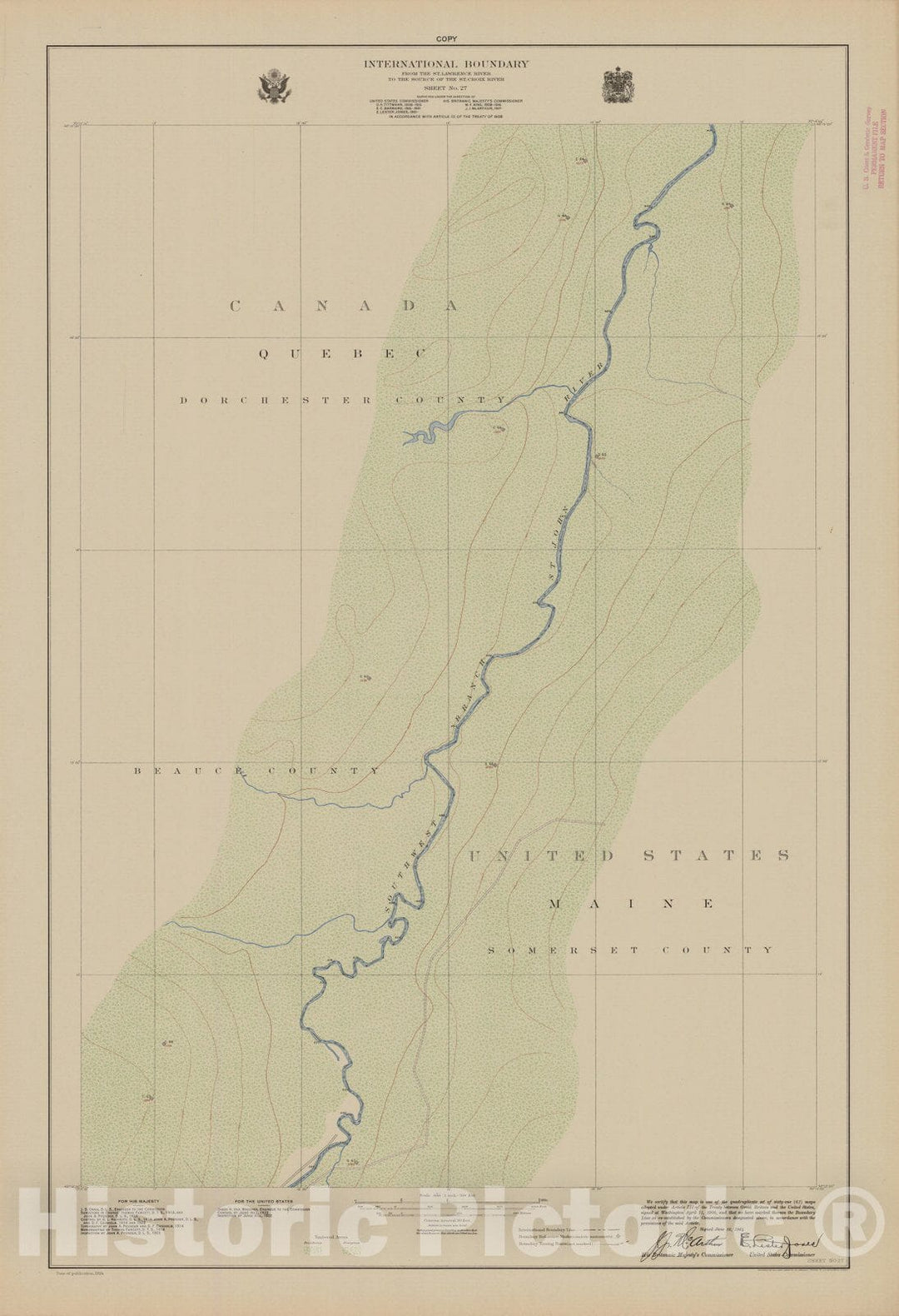 Historic Nautical Map - International Boundary, From The St. Lawrence River To The Source Of The St. Croix River, Sheet No. 27, ME, 1924 NOAA Topographic - Vintage Wall Art