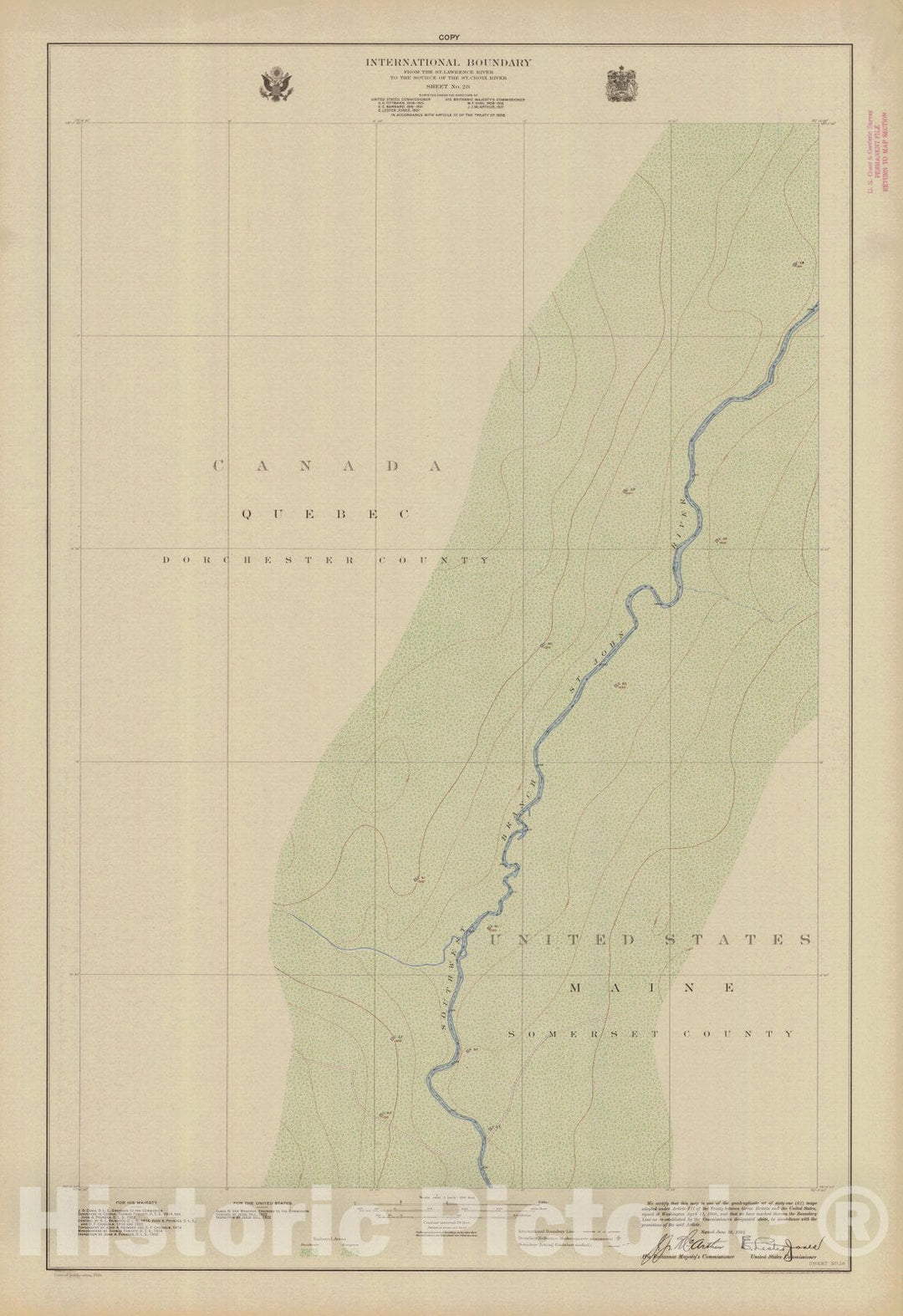 Historic Nautical Map - International Boundary, From The St. Lawrence River To The Source Of The St. Croix River, Sheet No. 28, ME, 1924 NOAA Topographic - Vintage Wall Art