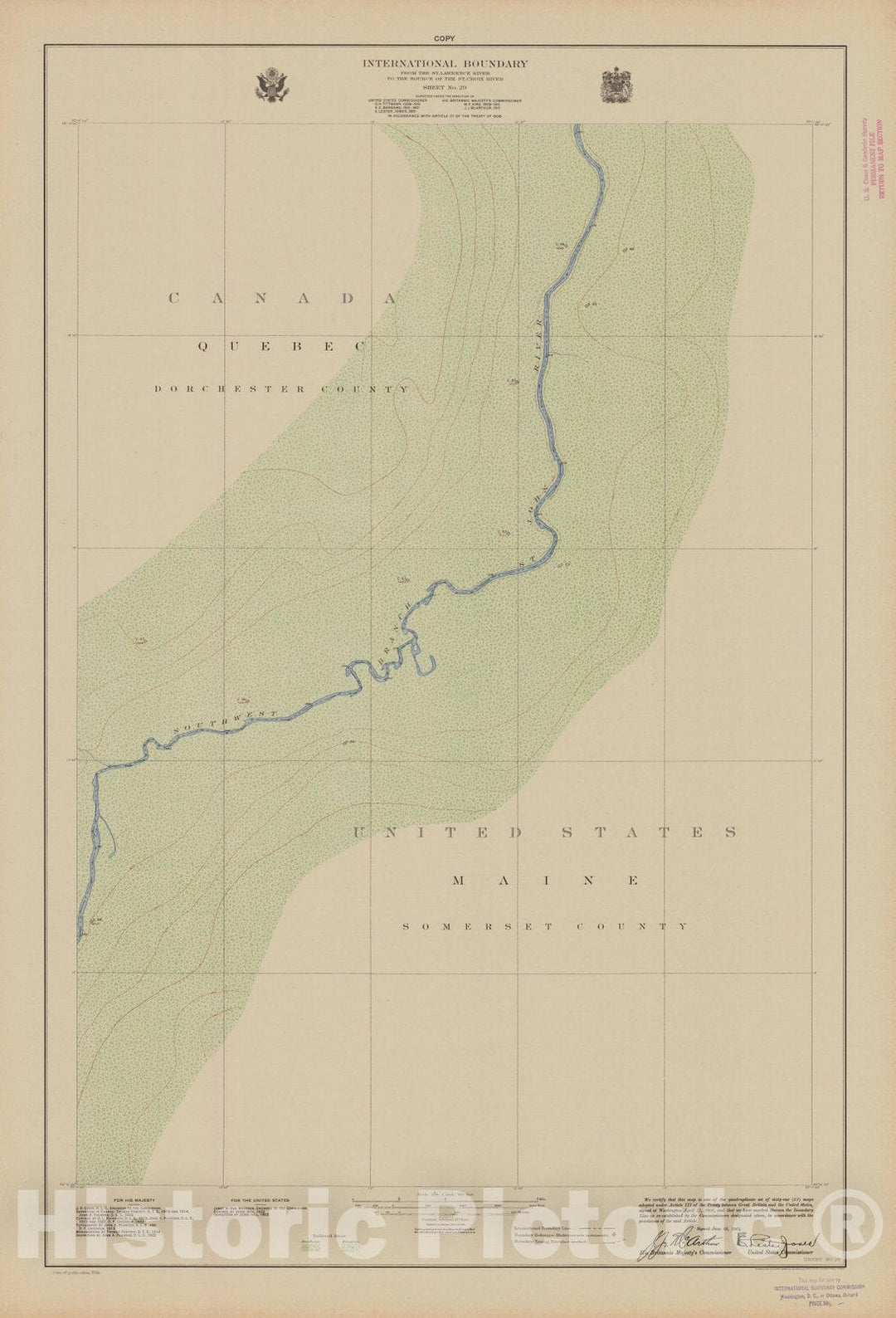 Historic Nautical Map - International Boundary, From The St. Lawrence River To The Source Of The St. Croix River, Sheet No. 29, ME, 1924 NOAA Topographic - Vintage Wall Art