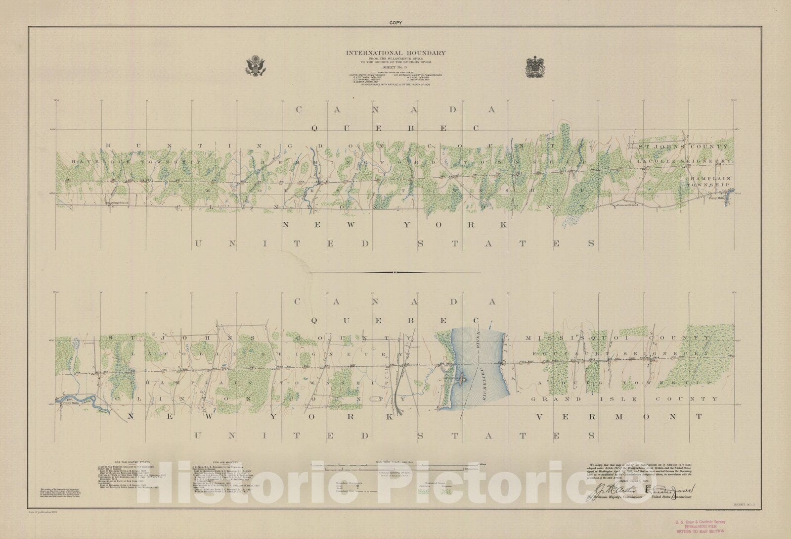 Historic Nautical Map - International Boundary, From The St. Lawrence River To The Source Of The St. Croix River, Sheet No. 3, VT, NY, 1922 NOAA Topographic - Vintage Wall Art