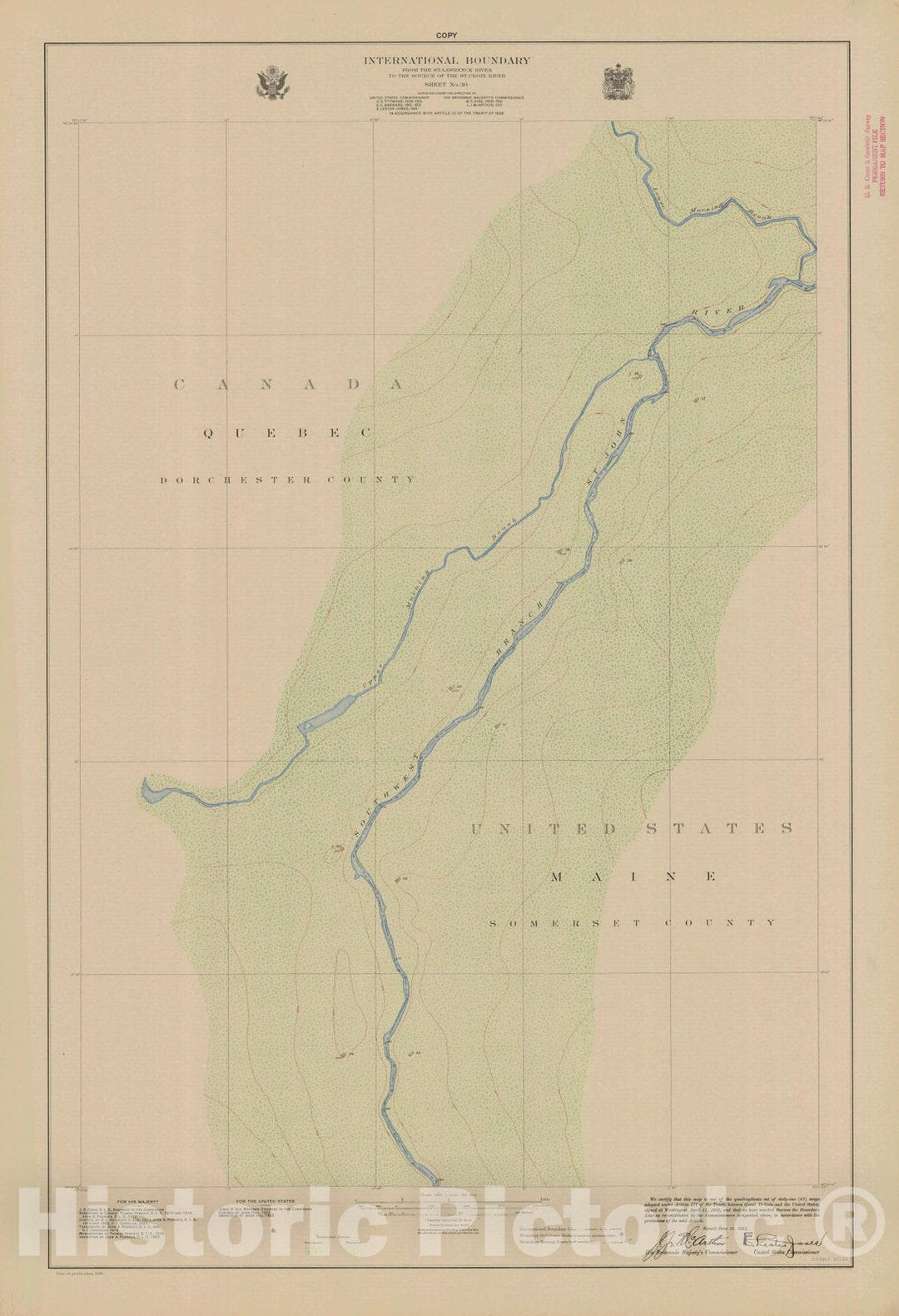 Historic Nautical Map - International Boundary, From The St. Lawrence River To The Source Of The St. Croix River, Sheet No. 30, ME, 1924 NOAA Topographic - Vintage Wall Art