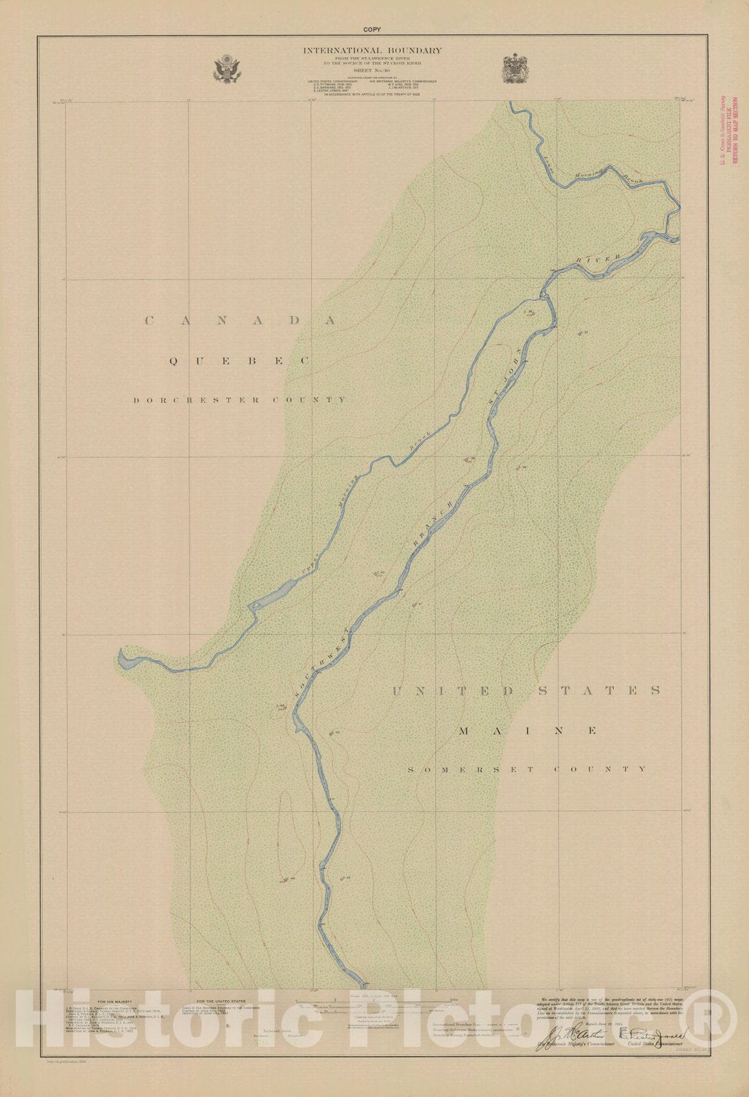 Historic Nautical Map - International Boundary, From The St. Lawrence River To The Source Of The St. Croix River, Sheet No. 30, ME, 1924 NOAA Topographic - Vintage Wall Art