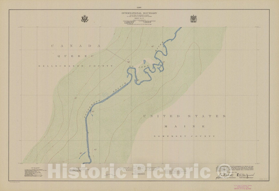 Historic Nautical Map - International Boundary, From The St. Lawrence River To The Source Of The St. Croix River, Sheet No. 32, ME, 1924 NOAA Topographic - Vintage Wall Art