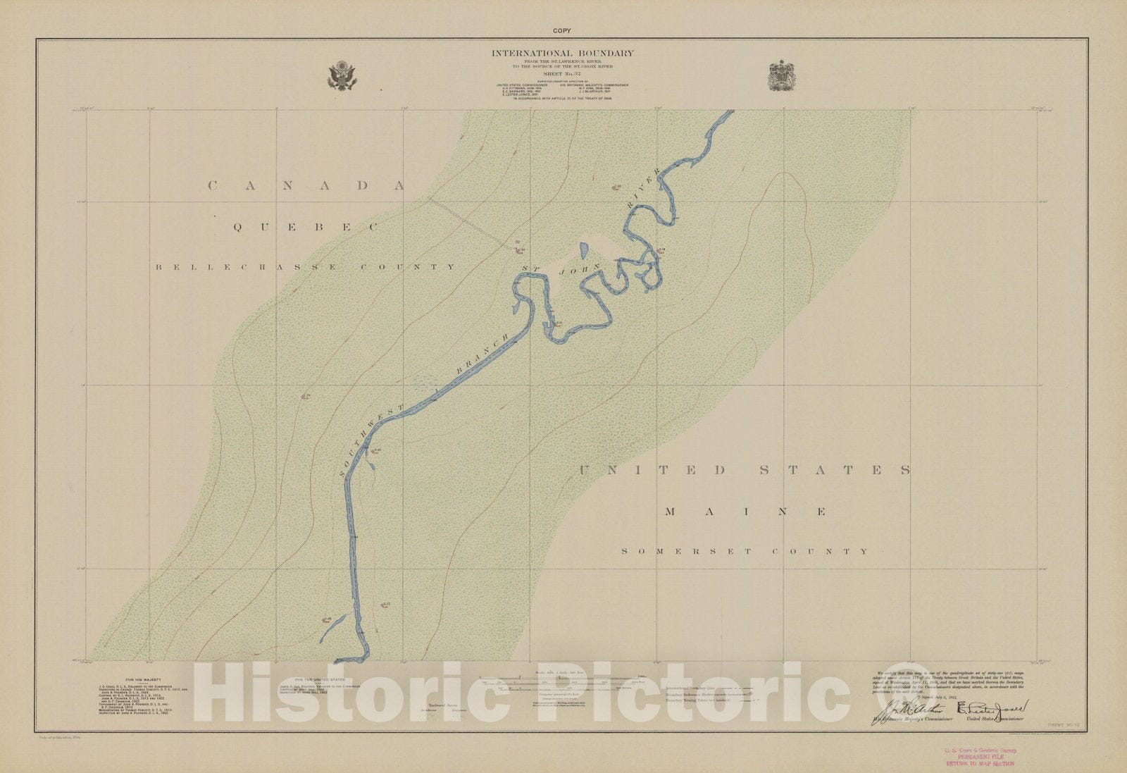 Historic Nautical Map - International Boundary, From The St. Lawrence River To The Source Of The St. Croix River, Sheet No. 32, ME, 1924 NOAA Topographic - Vintage Wall Art