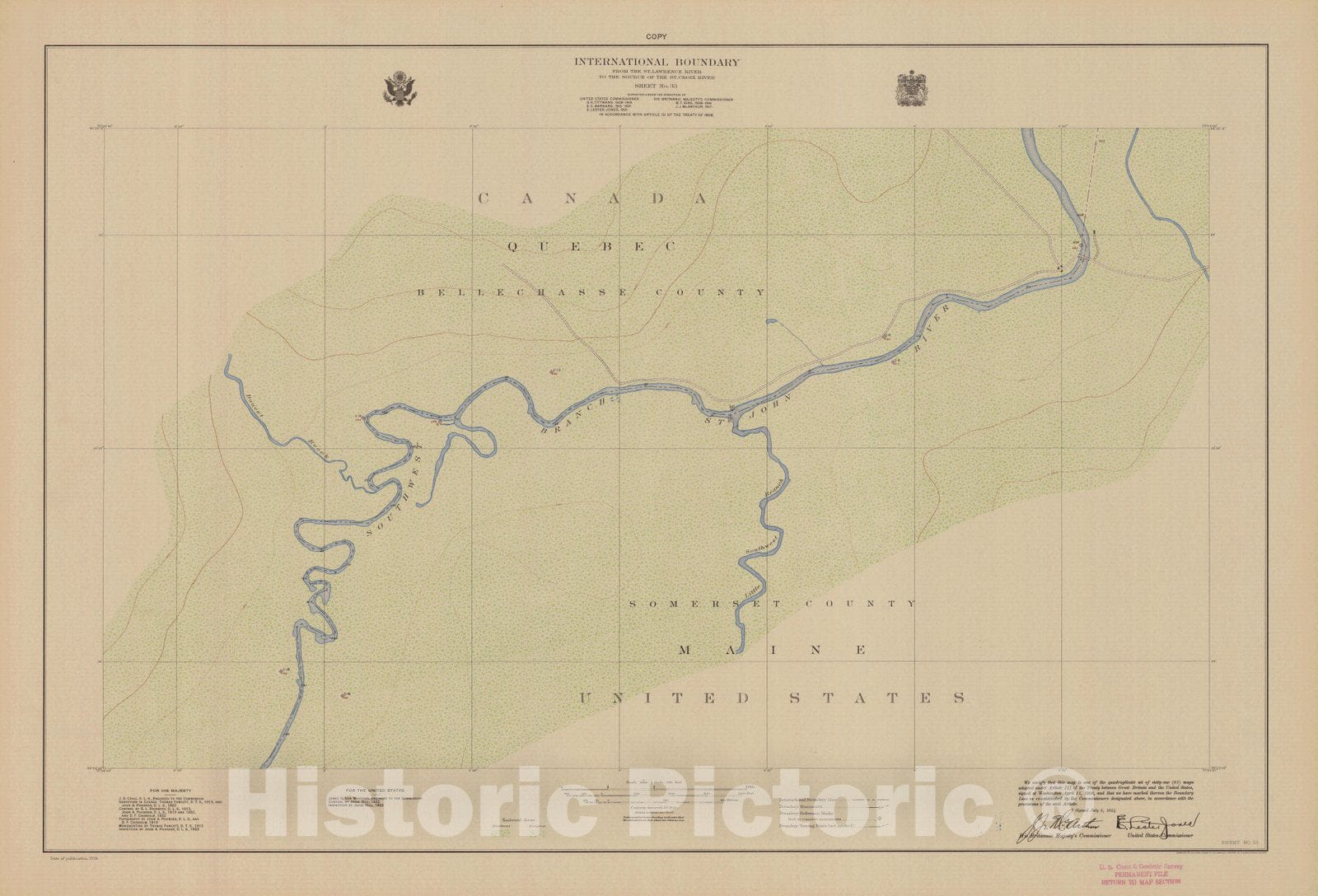 Historic Nautical Map - International Boundary, From The St. Lawrence River To The Source Of The St. Croix River, Sheet No. 33, ME, 1924 NOAA Topographic - Vintage Wall Art