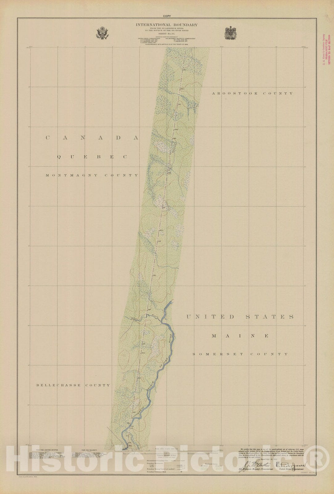 Historic Nautical Map - International Boundary, From The St. Lawrence River To The Source Of The St. Croix River, Sheet No. 34, ME, 1924 NOAA Topographic - Vintage Wall Art