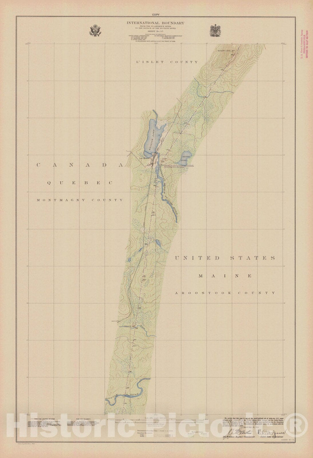 Historic Nautical Map - International Boundary, From The St. Lawrence River To The Source Of The St. Croix River, Sheet No. 35, ME, 1924 NOAA Topographic - Vintage Wall Art