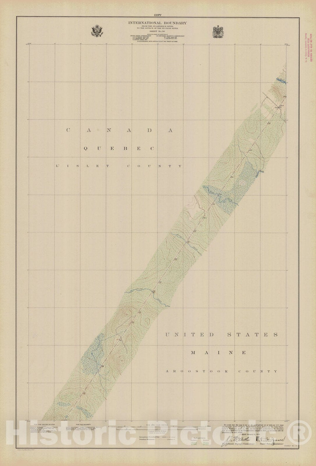 Historic Nautical Map - International Boundary, From The St. Lawrence River To The Source Of The St. Croix River, Sheet No. 36, ME, 1923 NOAA Topographic - Vintage Wall Art