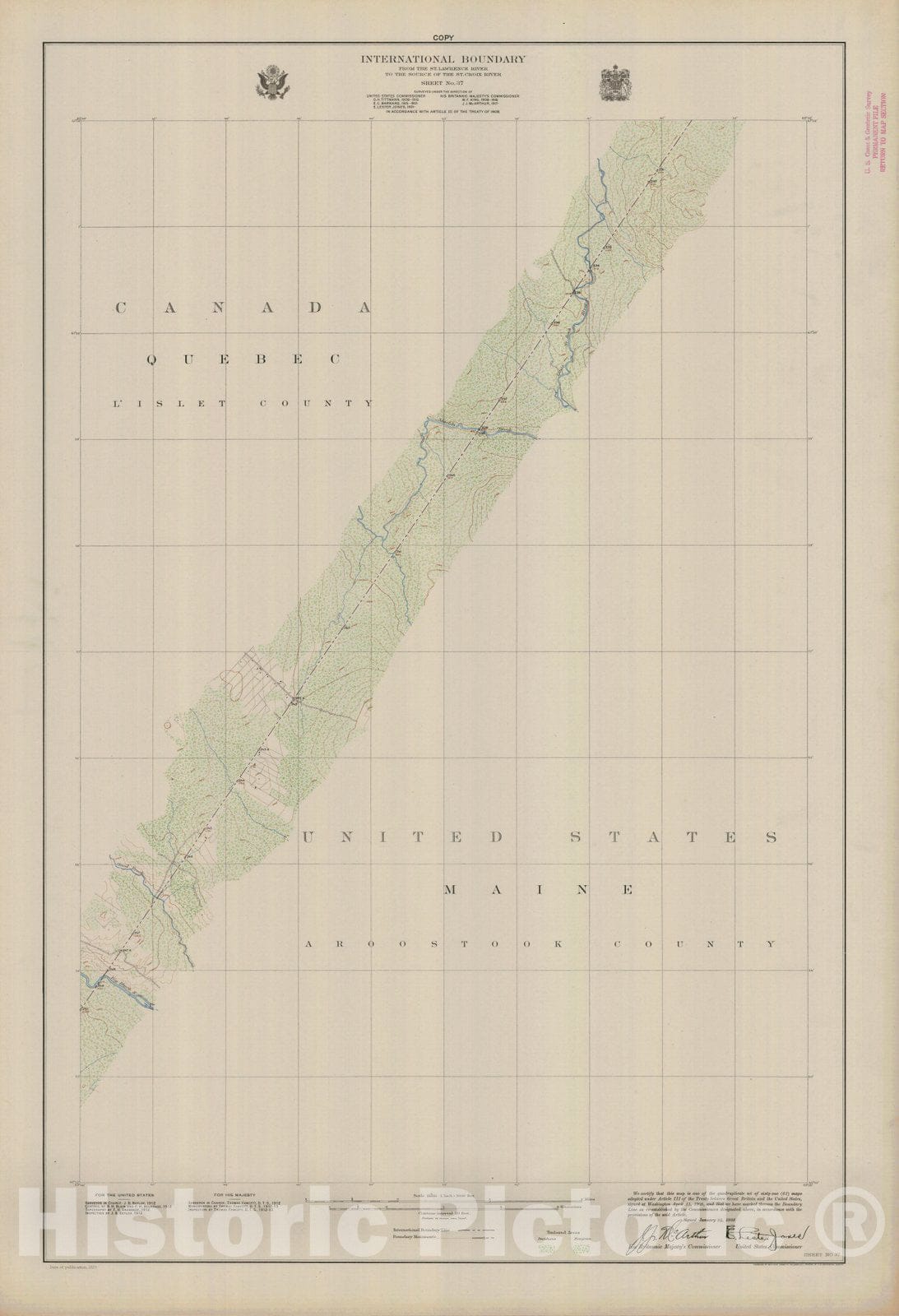 Historic Nautical Map - International Boundary, From The St. Lawrence River To The Source Of The St. Croix River, Sheet No. 37, ME, 1923 NOAA Topographic - Vintage Wall Art