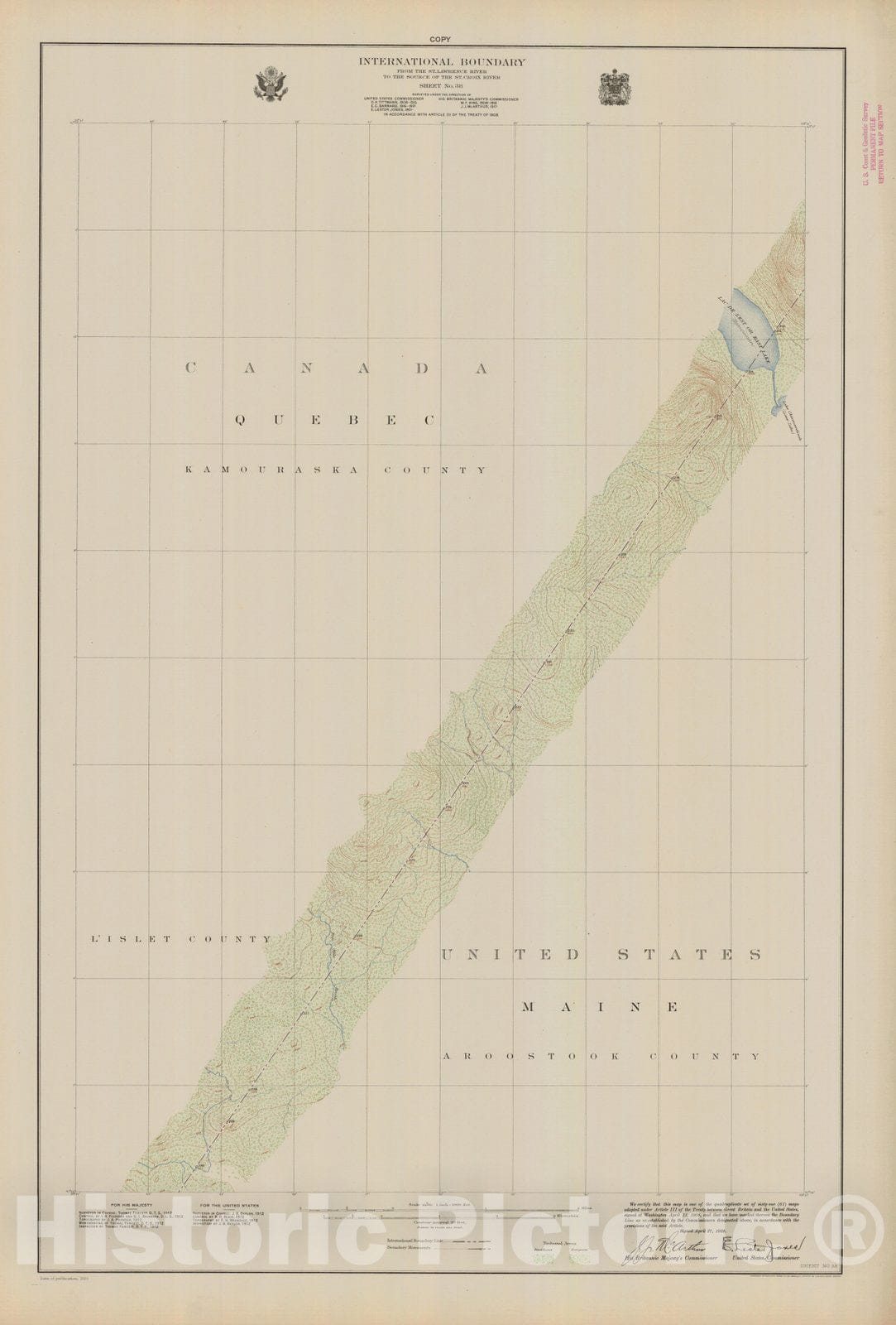 Historic Nautical Map - International Boundary, From The St. Lawrence River To The Source Of The St. Croix River, Sheet No. 38, ME, 1923 NOAA Topographic - Vintage Wall Art