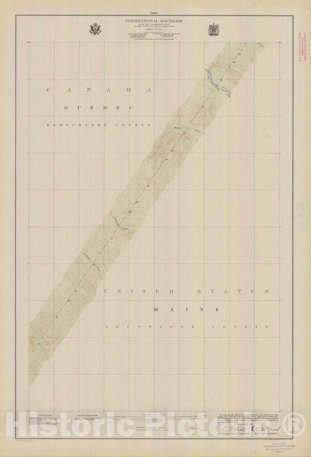 Historic Nautical Map - International Boundary, From The St. Lawrence River To The Source Of The St. Croix River, Sheet No. 39, ME, 1923 NOAA Topographic - Vintage Wall Art