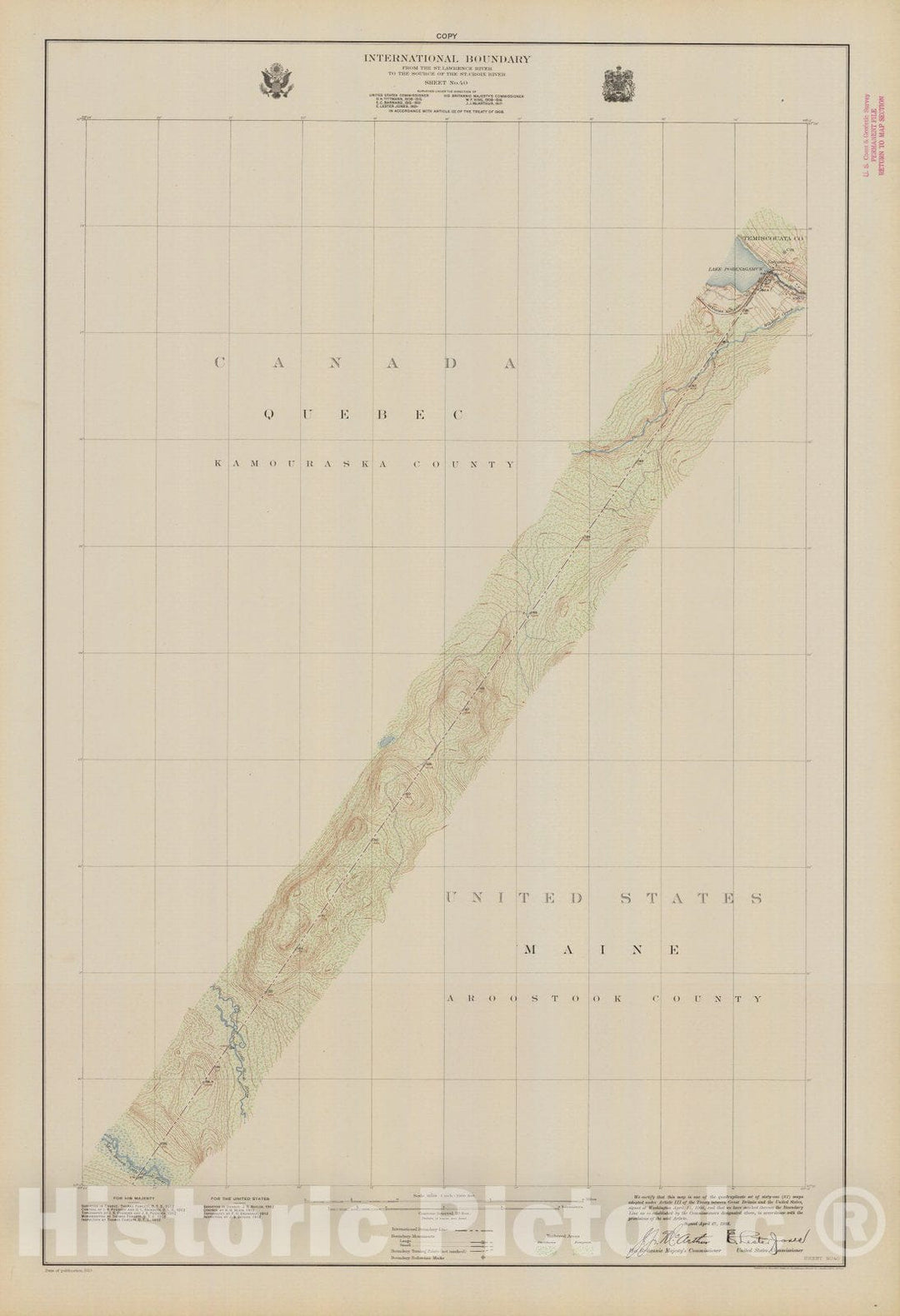 Historic Nautical Map - International Boundary, From The St. Lawrence River To The Source Of The St. Croix River, Sheet No. 40, ME, 1923 NOAA Topographic - Vintage Wall Art