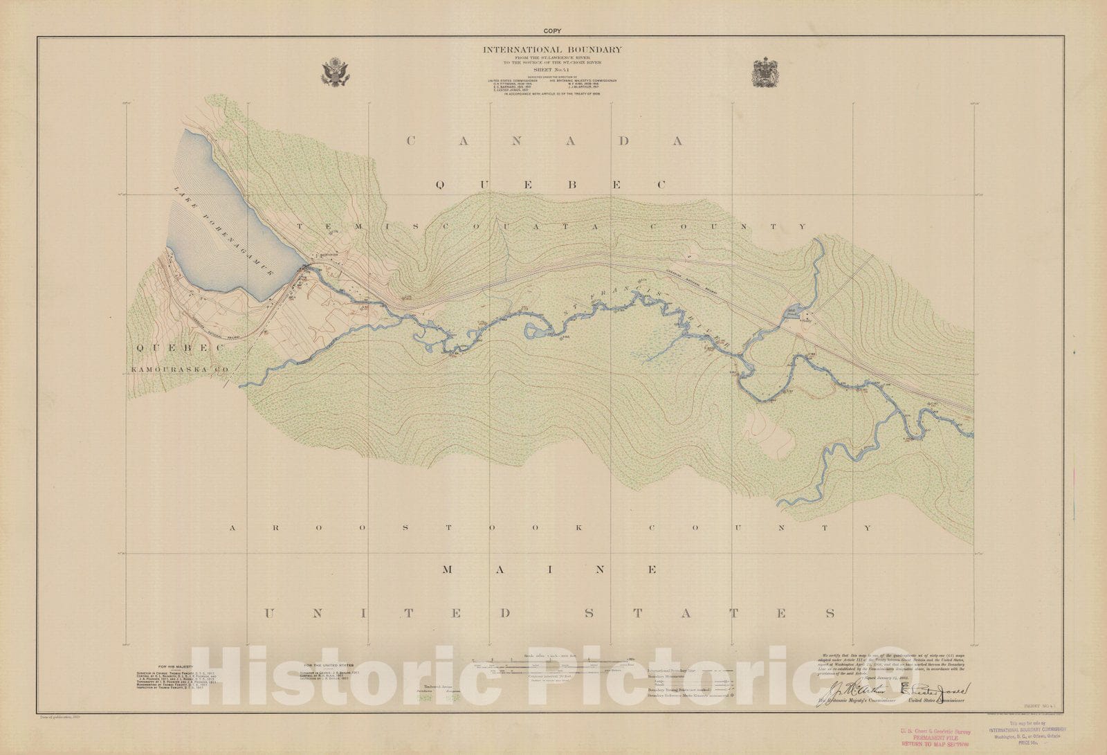 Historic Nautical Map - International Boundary, From The St. Lawrence River To The Source Of The St. Croix River, Sheet No. 41, ME, 1923 NOAA Topographic - Vintage Wall Art