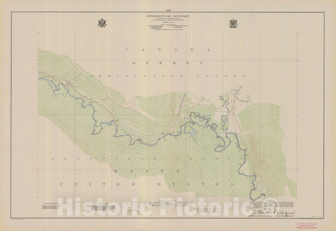 Historic Nautical Map - International Boundary, From The St. Lawrence River To The Source Of The St. Croix River, Sheet No. 42, ME, 1923 NOAA Topographic - Vintage Wall Art