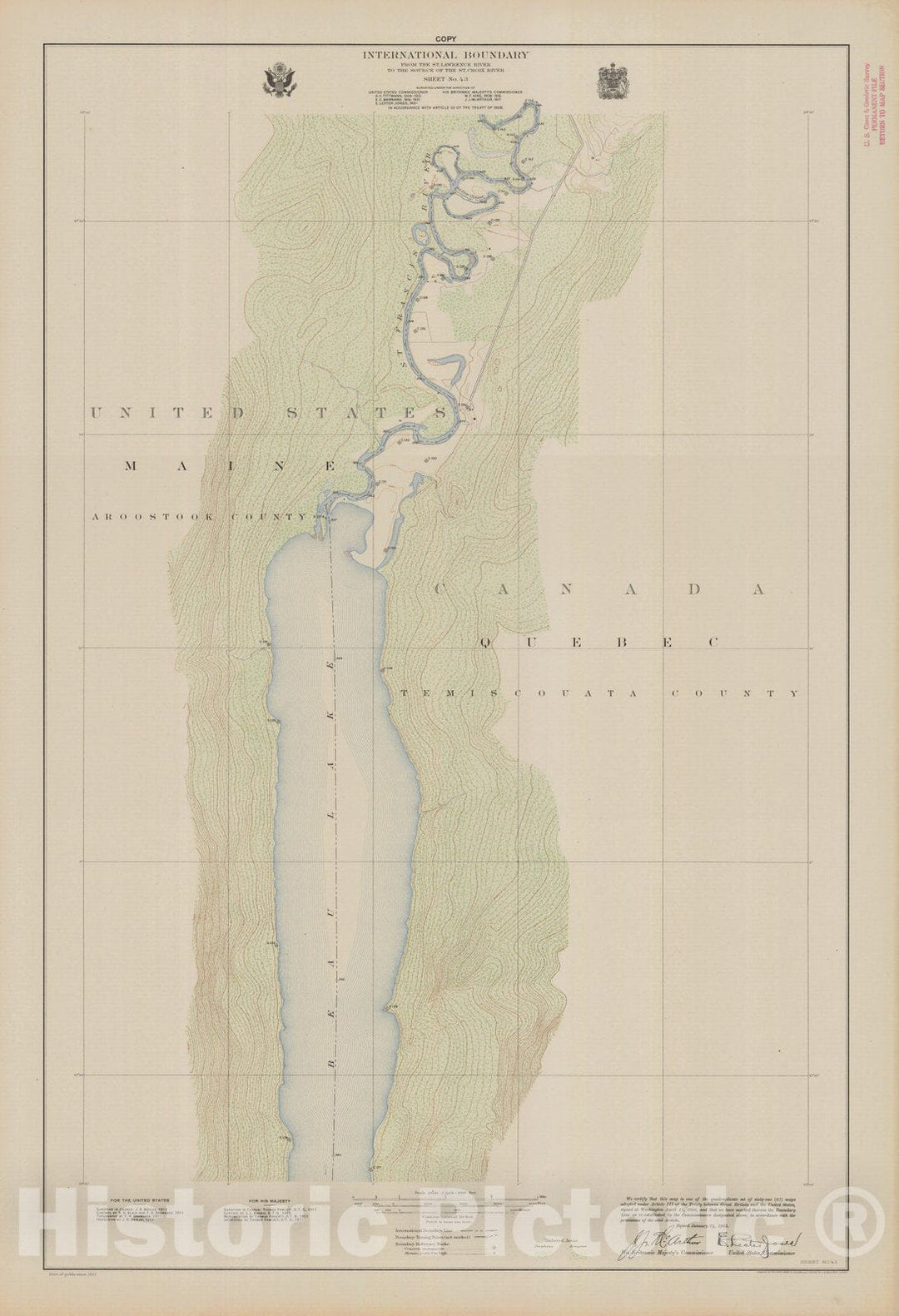 Historic Nautical Map - International Boundary, From The St. Lawrence River To The Source Of The St. Croix River, Sheet No. 43, ME, 1923 NOAA Topographic - Vintage Wall Art