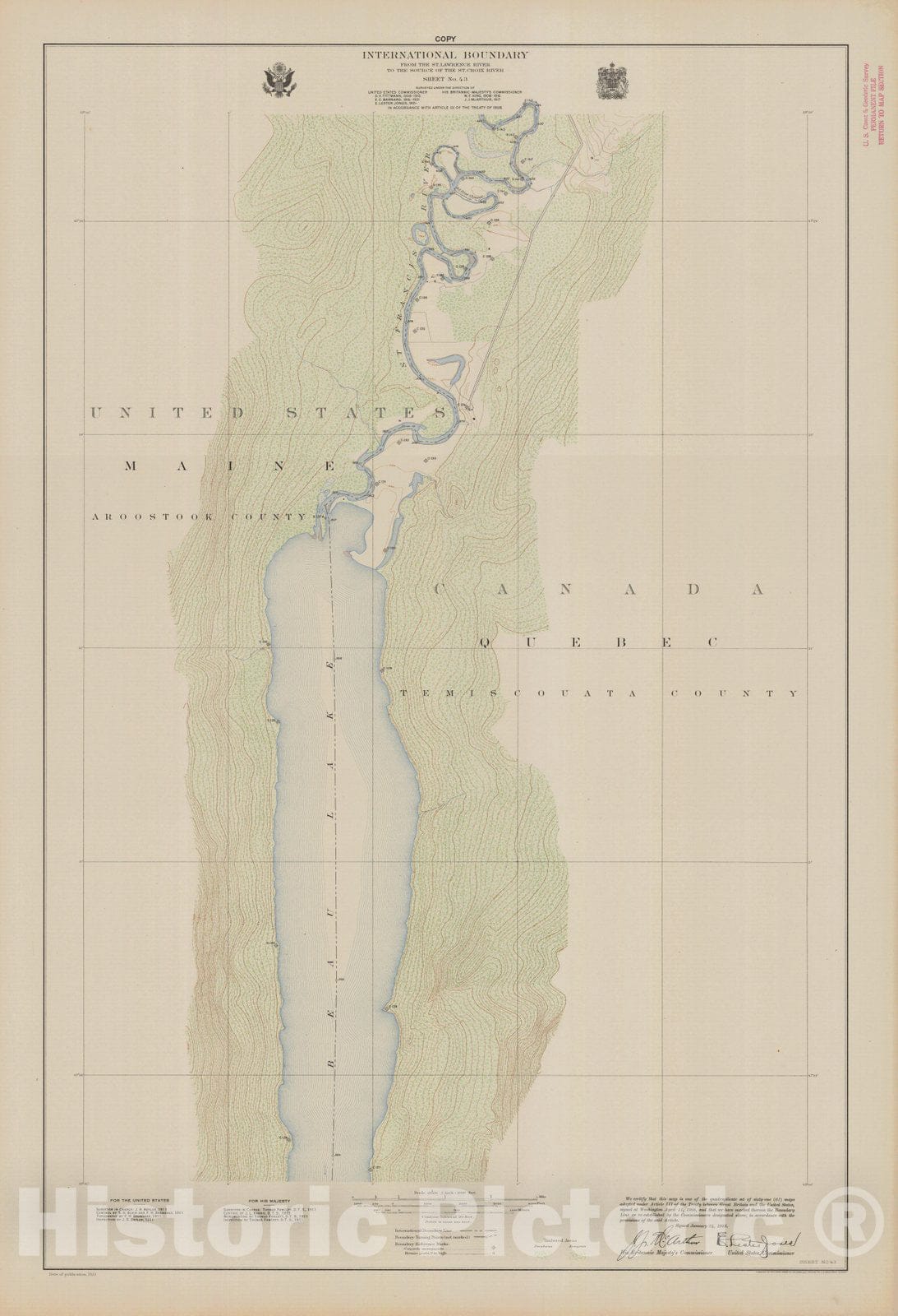 Historic Nautical Map - International Boundary, From The St. Lawrence River To The Source Of The St. Croix River, Sheet No. 43, ME, 1923 NOAA Topographic - Vintage Wall Art