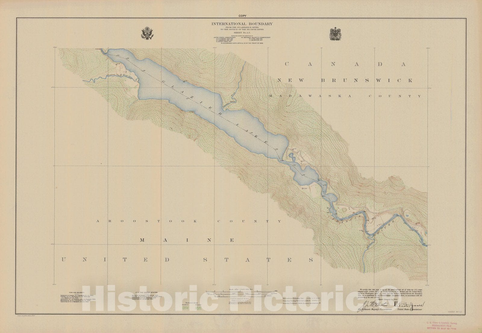 Historic Nautical Map - International Boundary, From The St. Lawrence River To The Source Of The St. Croix River, Sheet No. 45, ME, 1923 NOAA Topographic - Vintage Wall Art