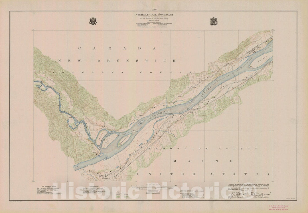 Historic Nautical Map - International Boundary, From The St. Lawrence River To The Source Of The St. Croix River, Sheet No. 46, ME, 1922 NOAA Topographic - Vintage Wall Art