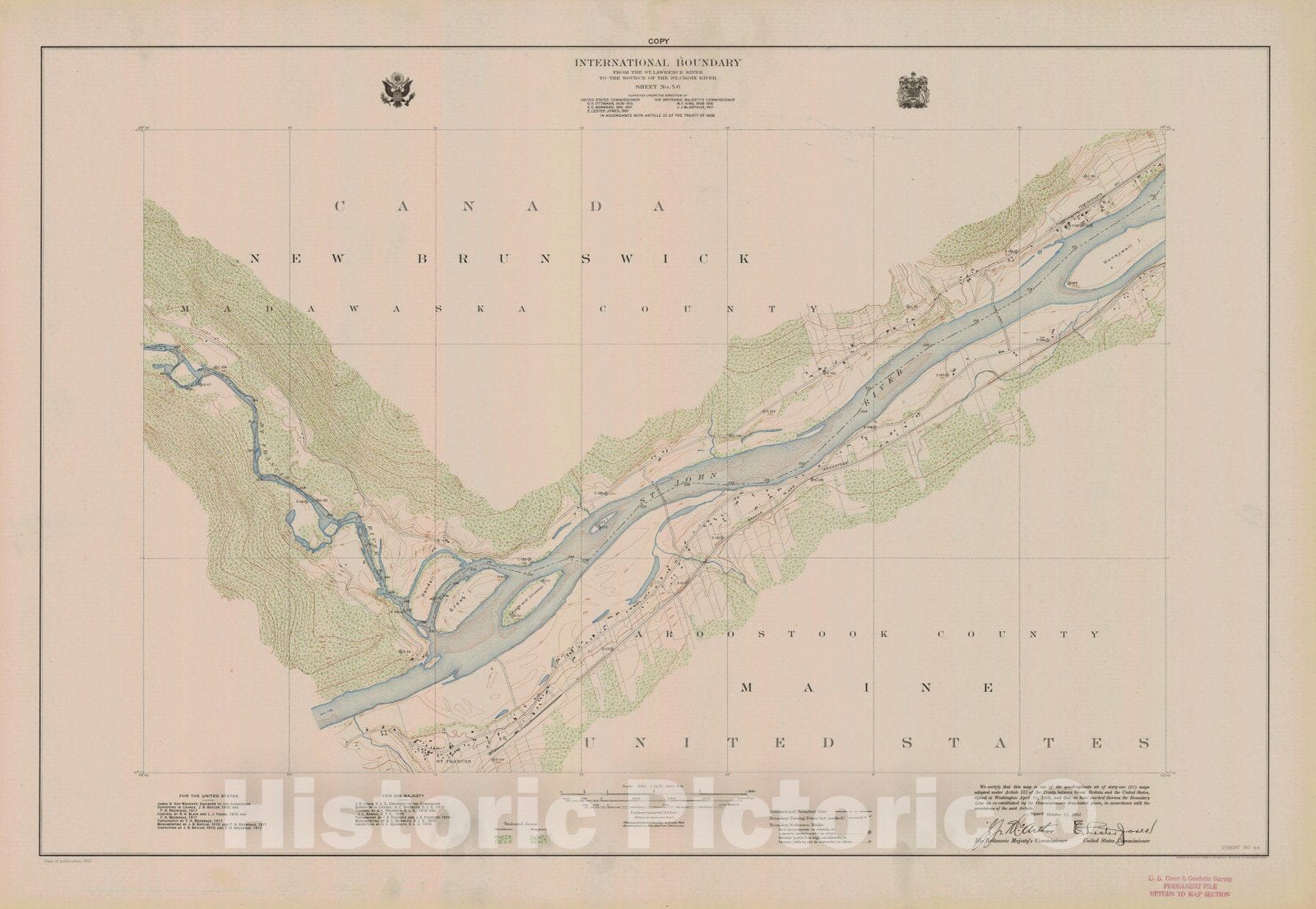 Historic Nautical Map - International Boundary, From The St. Lawrence River To The Source Of The St. Croix River, Sheet No. 46, ME, 1922 NOAA Topographic - Vintage Wall Art