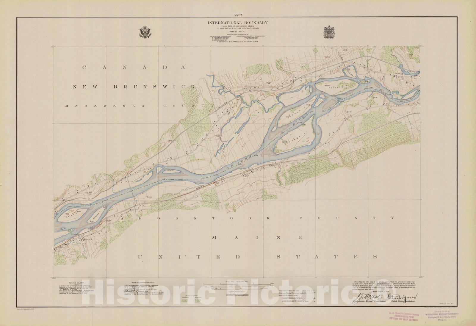 Historic Nautical Map - International Boundary, From The St. Lawrence River To The Source Of The St. Croix River, Sheet No. 47, ME, 1922 NOAA Topographic - Vintage Wall Art