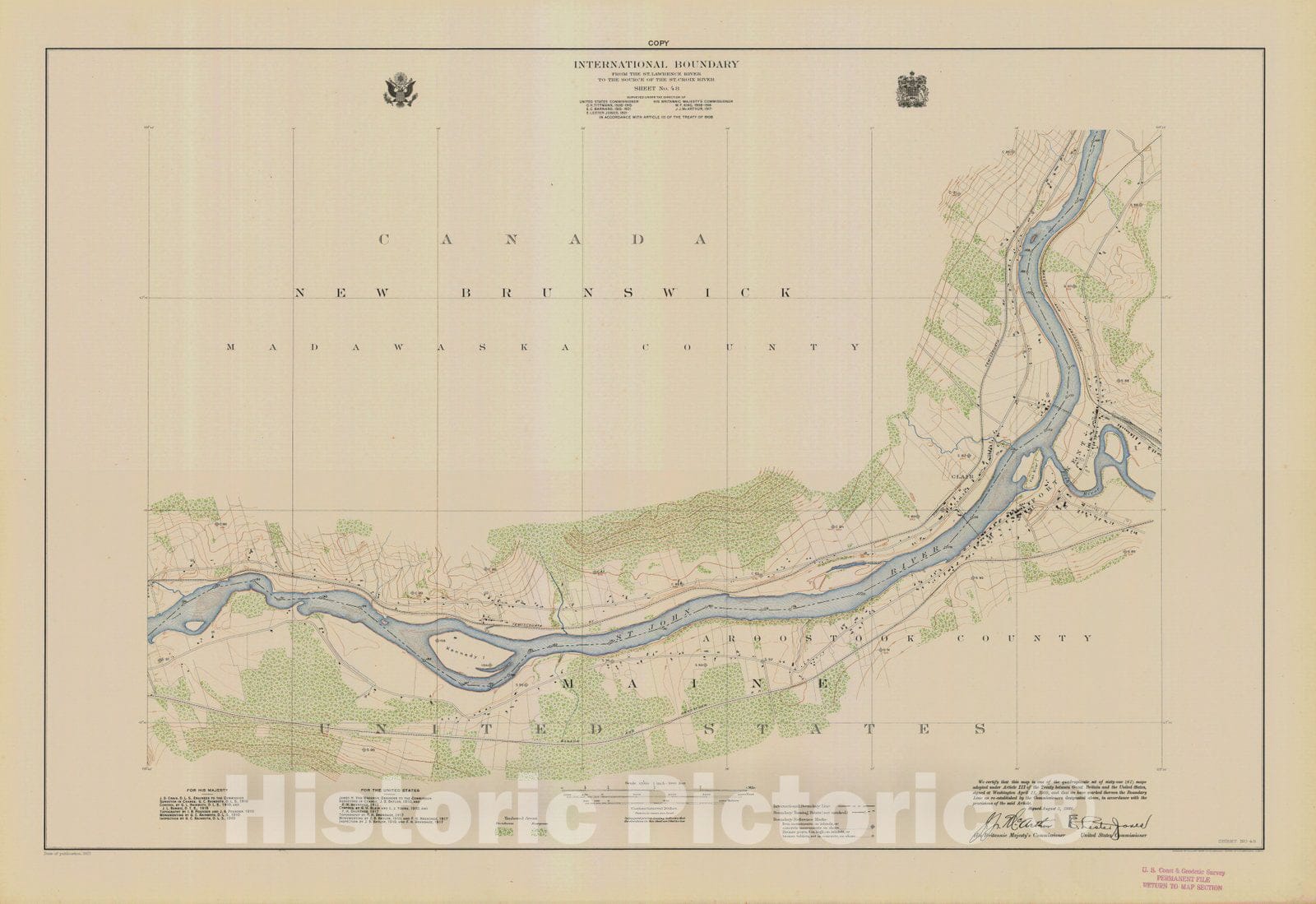 Historic Nautical Map - International Boundary, From The St. Lawrence River To The Source Of The St. Croix River, Sheet No. 48, ME, 1922 NOAA Topographic - Vintage Wall Art