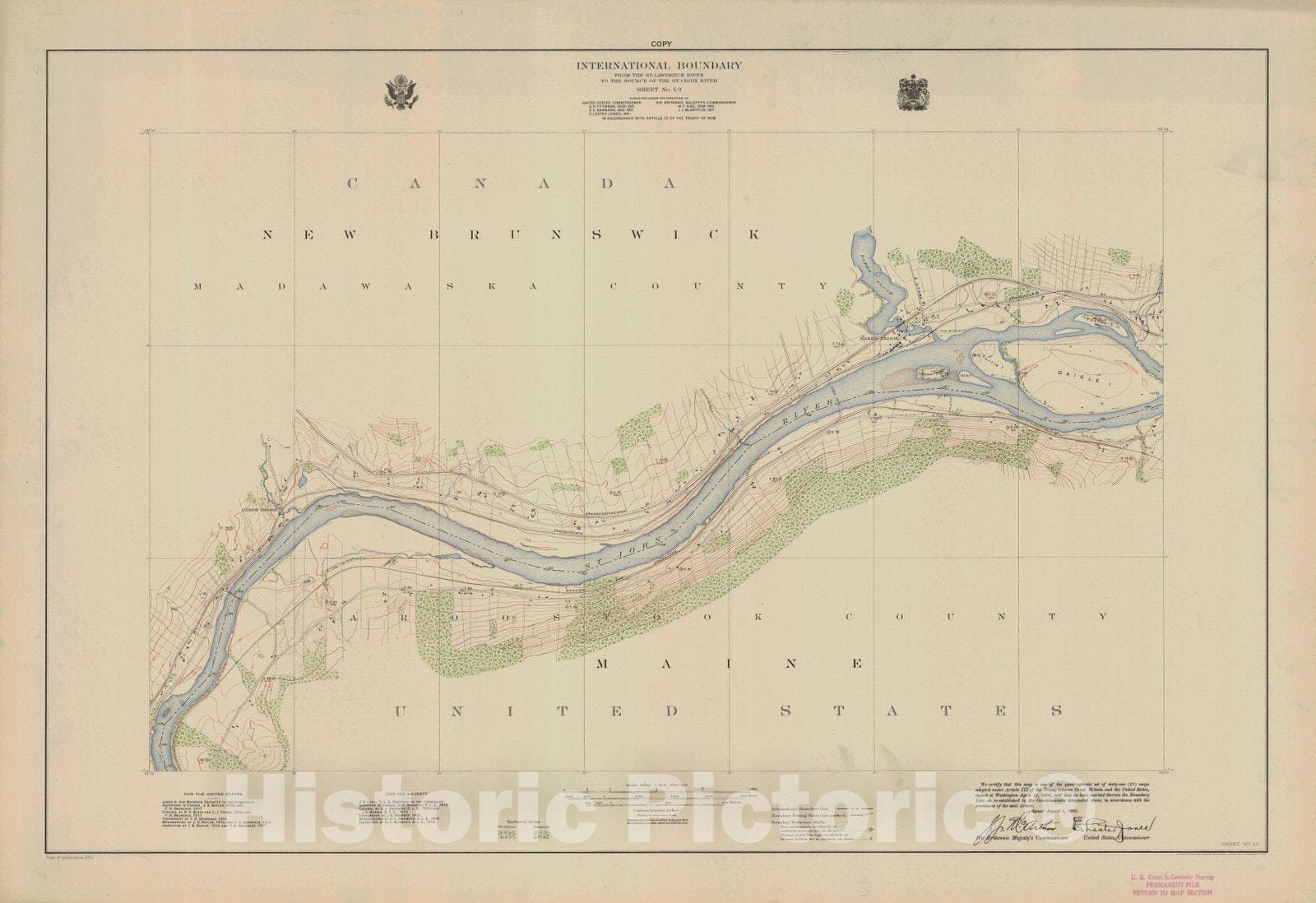 Historic Nautical Map - International Boundary, From The St. Lawrence River To The Source Of The St. Croix River, Sheet No. 49, ME, 1922 NOAA Topographic - Vintage Wall Art