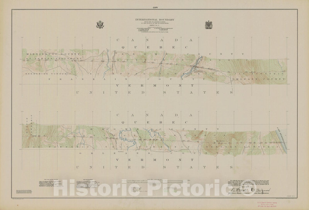 Historic Nautical Map - International Boundary, From The St. Lawrence River To The Source Of The St. Croix River, Sheet No. 5, VT, 1923 NOAA Topographic - Vintage Wall Art