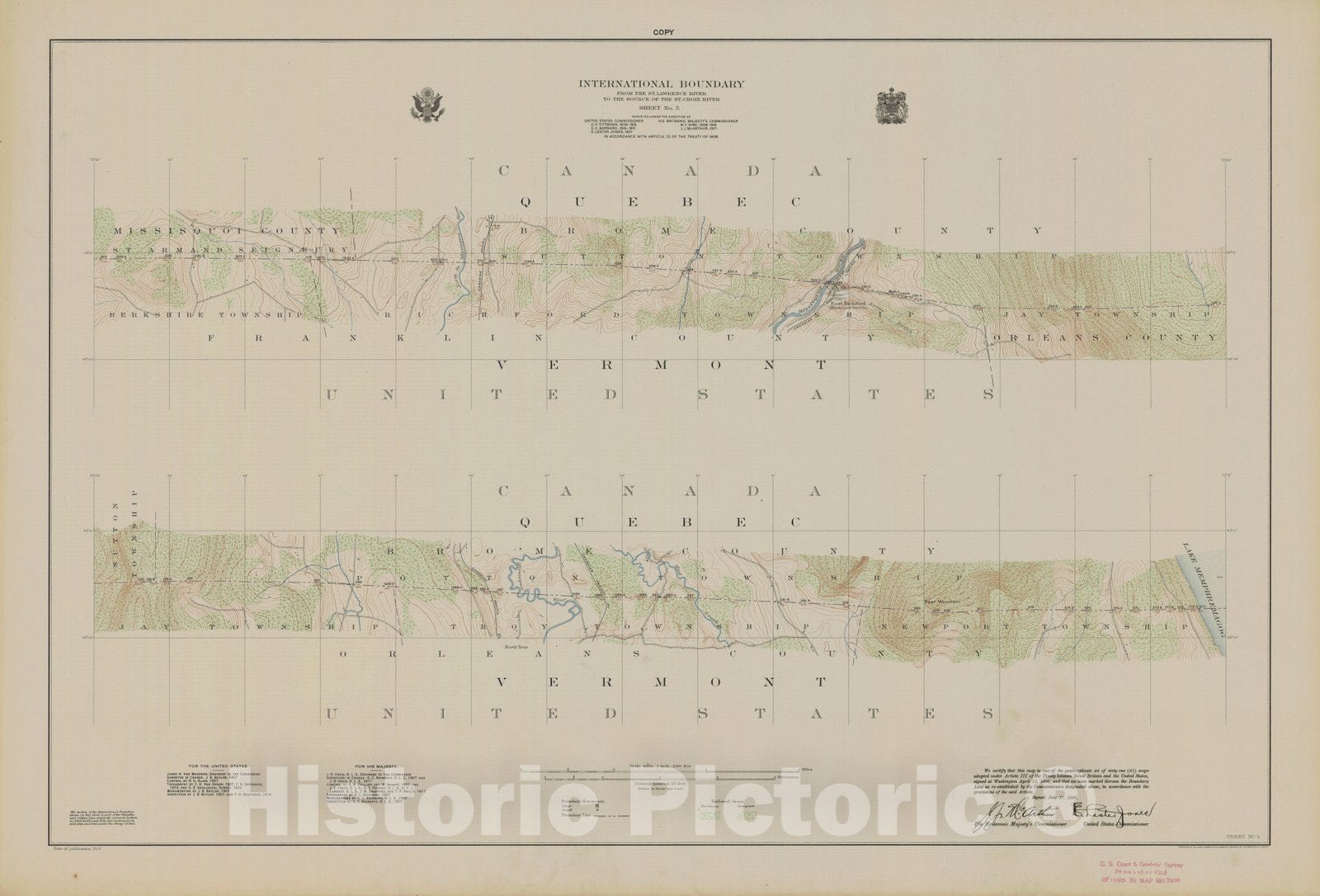 Historic Nautical Map - International Boundary, From The St. Lawrence River To The Source Of The St. Croix River, Sheet No. 5, VT, 1923 NOAA Topographic - Vintage Wall Art