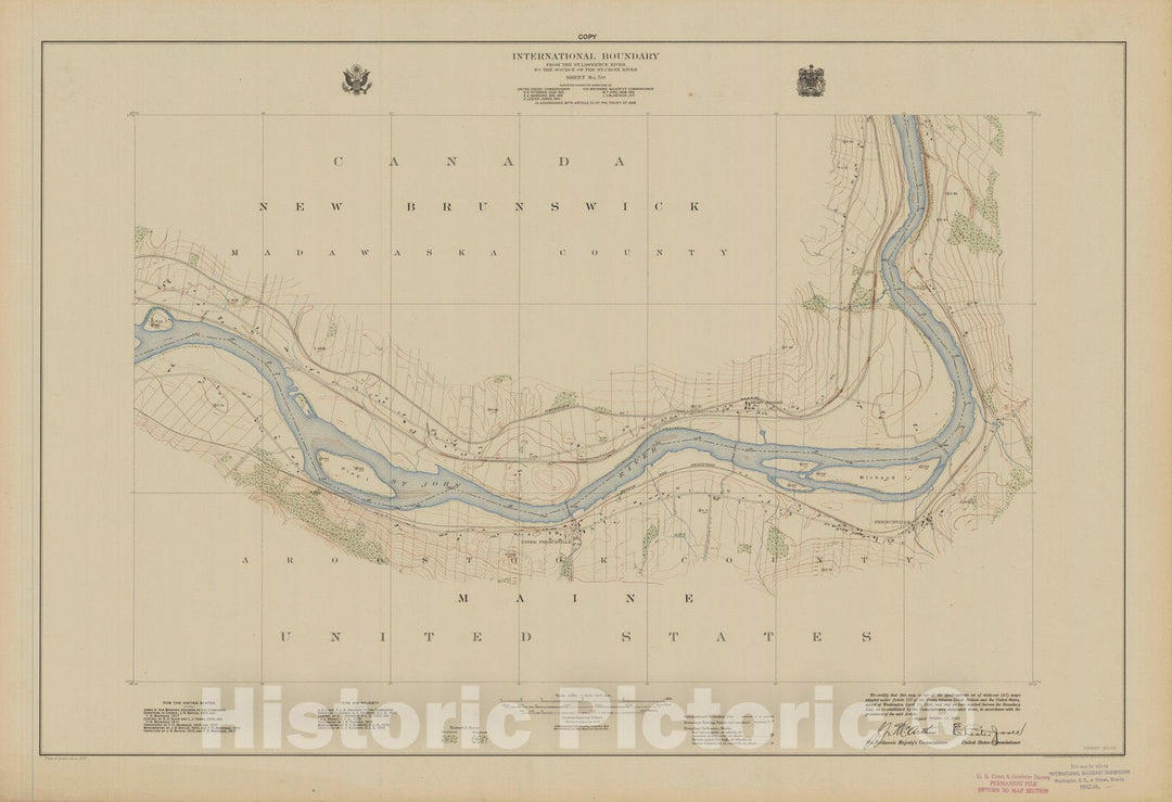 Historic Nautical Map - International Boundary, From The St. Lawrence River To The Source Of The St. Croix River, Sheet No. 50, ME, 1922 NOAA Topographic - Vintage Wall Art