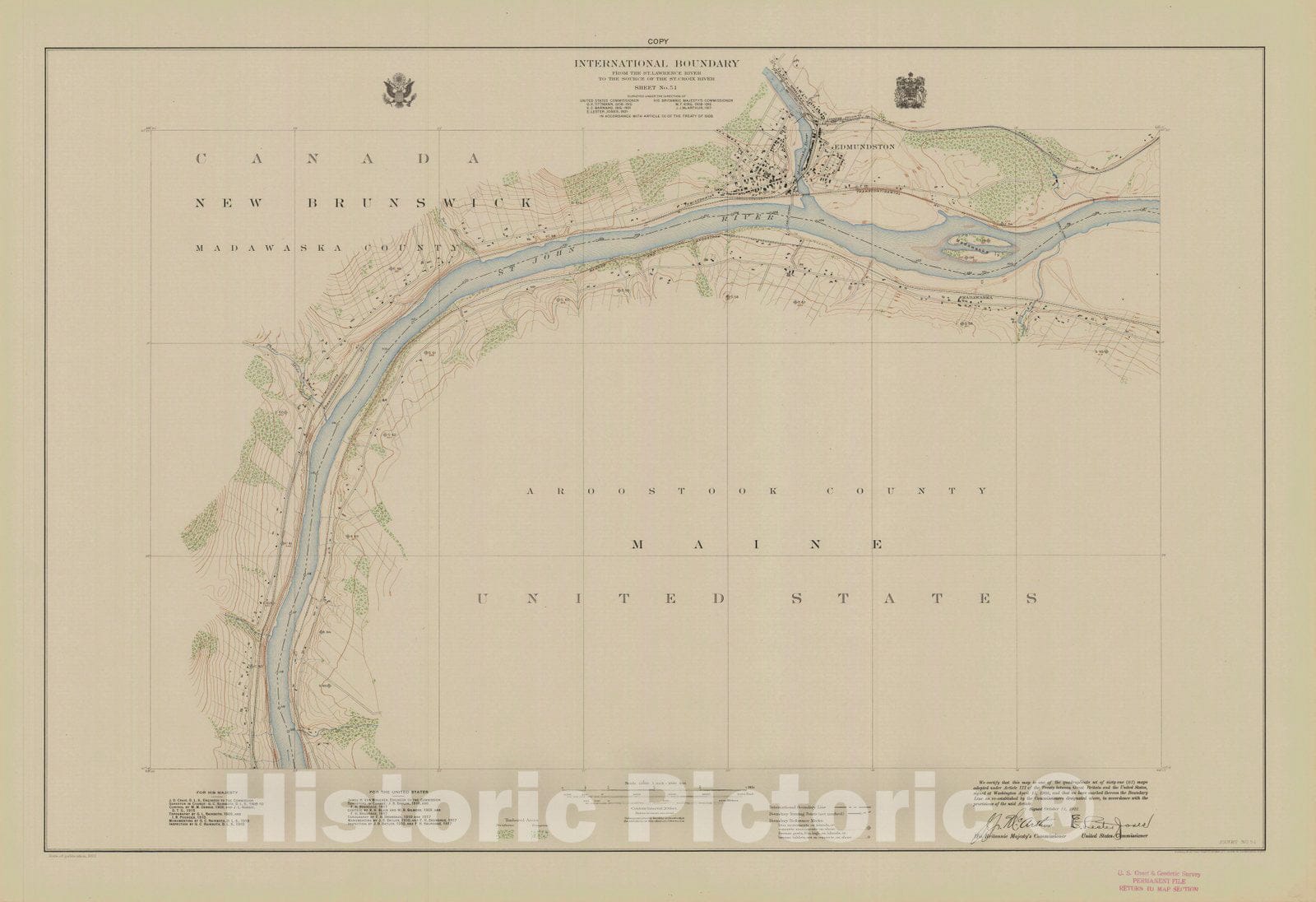 Historic Nautical Map - International Boundary, From The St. Lawrence River To The Source Of The St. Croix River, Sheet No. 51, ME, 1922 NOAA Topographic - Vintage Wall Art