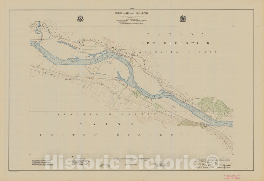 Historic Nautical Map - International Boundary, From The St. Lawrence River To The Source Of The St. Croix River, Sheet No. 52, ME, 1922 NOAA Topographic - Vintage Wall Art