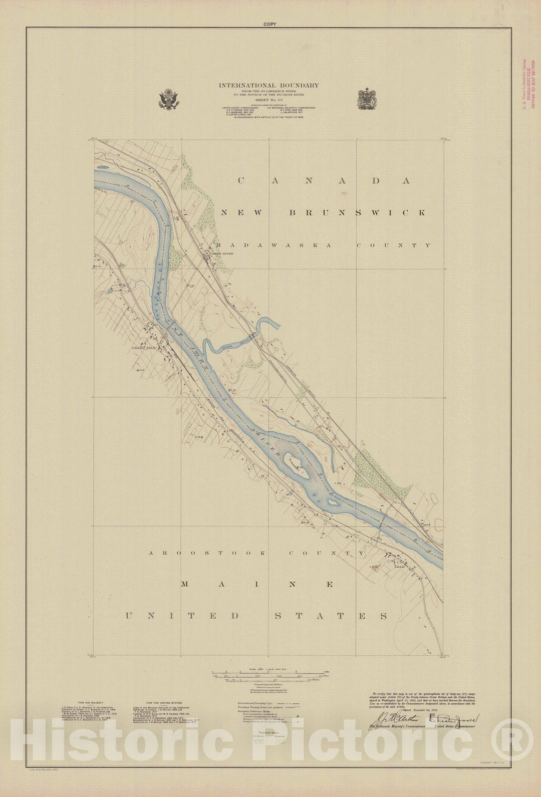 Historic Nautical Map - International Boundary, From The St. Lawrence River To The Source Of The St. Croix River, Sheet No. 53, ME, 1922 NOAA Topographic - Vintage Wall Art