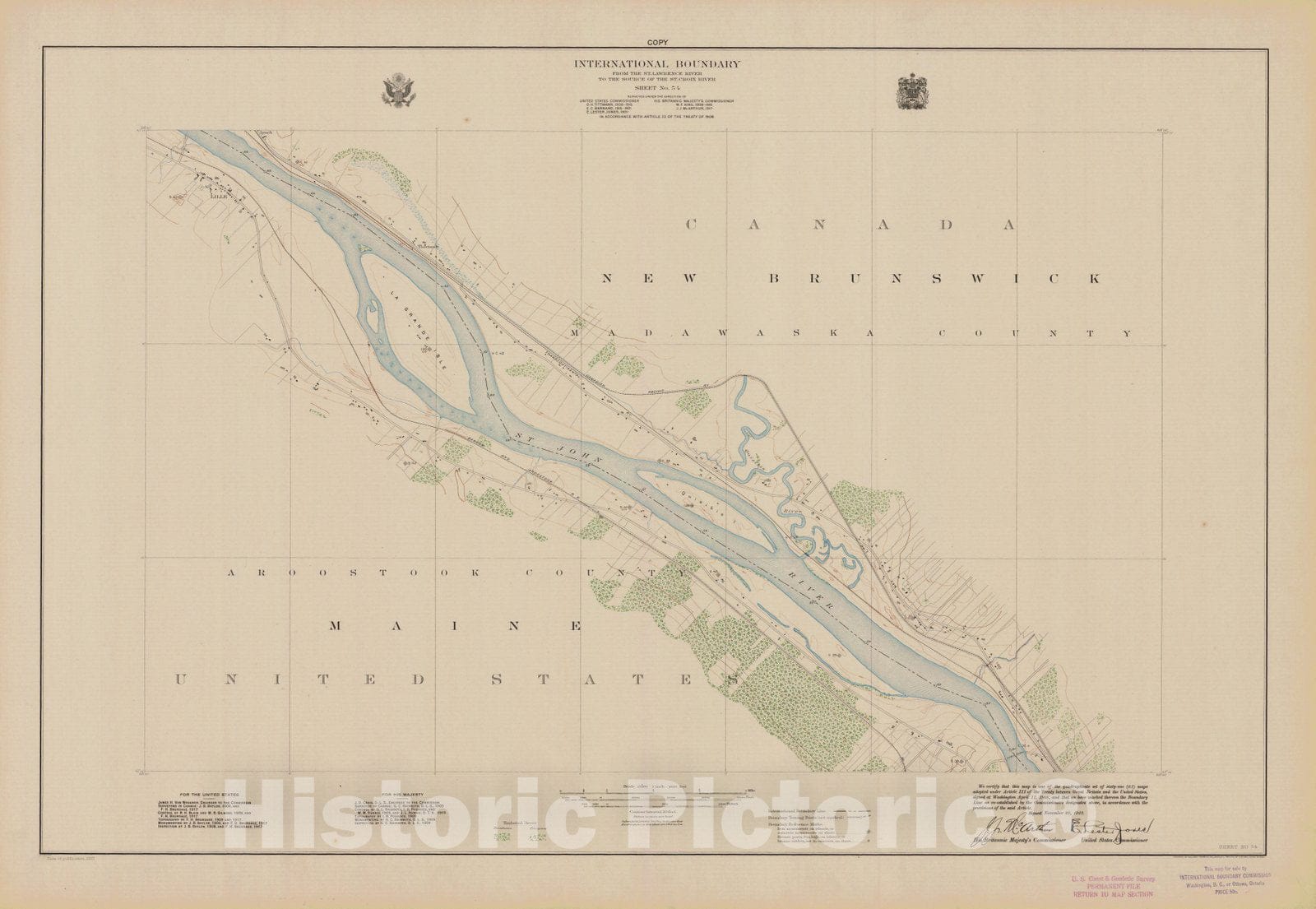 Historic Nautical Map - International Boundary, From The St. Lawrence River To The Source Of The St. Croix River, Sheet No. 54, ME, 1922 NOAA Topographic - Vintage Wall Art