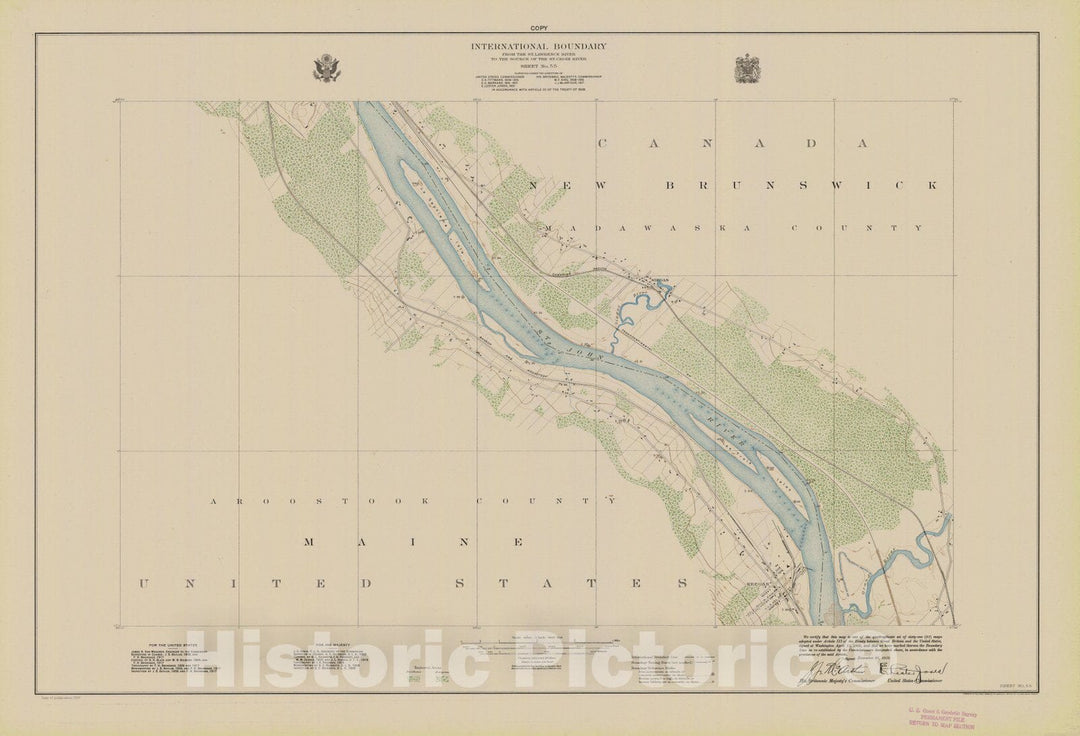 Historic Nautical Map - International Boundary, From The St. Lawrence River To The Source Of The St. Croix River, Sheet No. 55, ME, 1922 NOAA Topographic - Vintage Wall Art