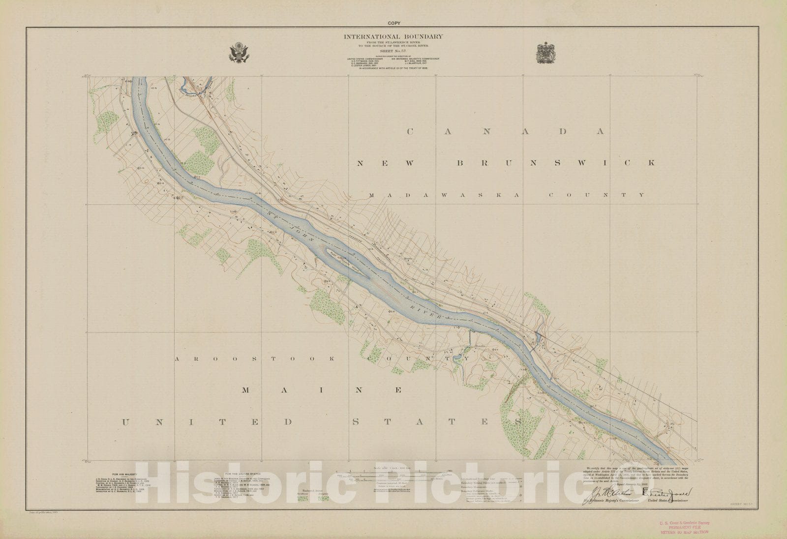 Historic Nautical Map - International Boundary, From The St. Lawrence River To The Source Of The St. Croix River, Sheet No. 57, ME, 1923 NOAA Topographic - Vintage Wall Art