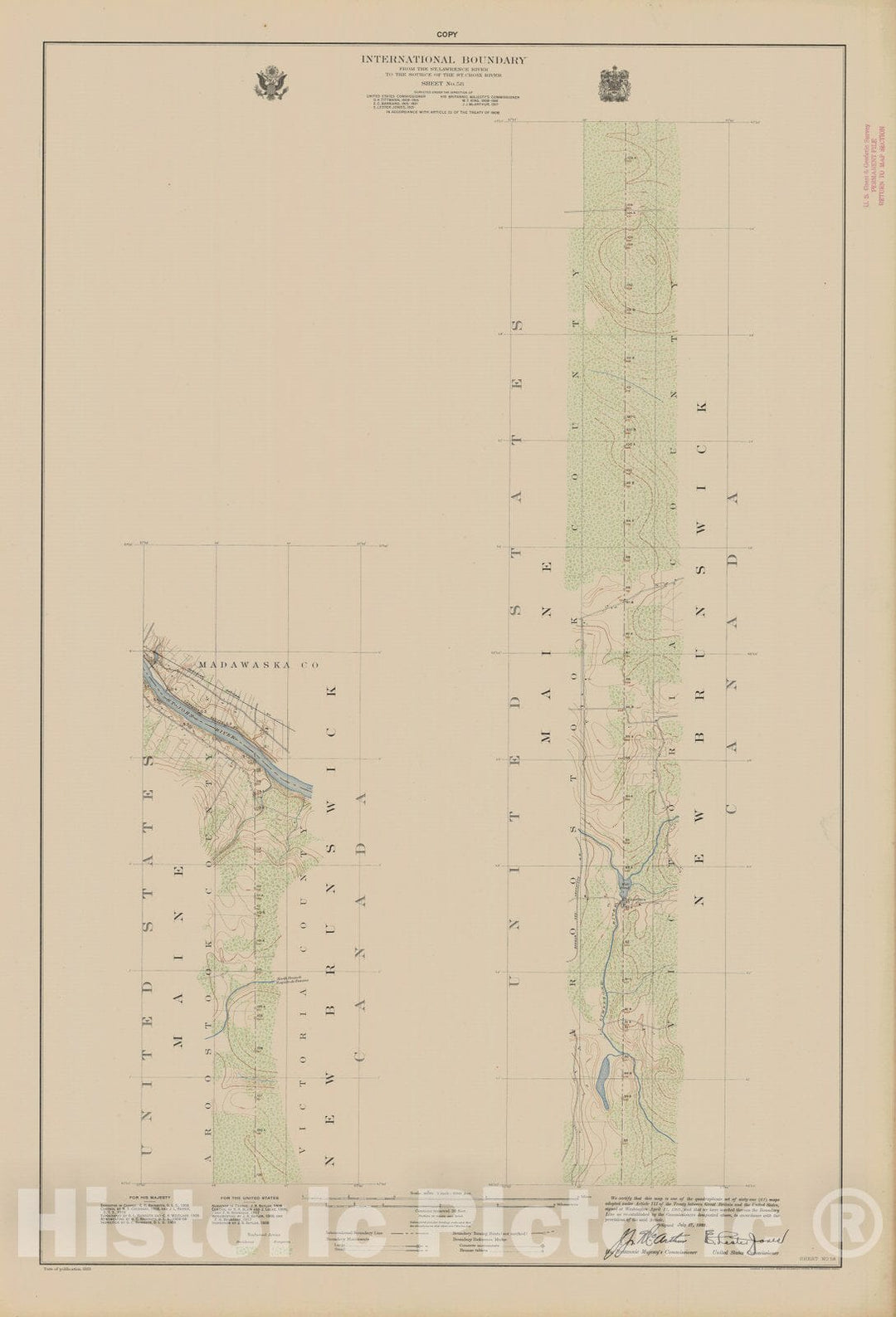 Historic Nautical Map - International Boundary, From The St. Lawrence River To The Source Of The St. Croix River, Sheet No. 58, ME, 1923 NOAA Topographic - Vintage Wall Art