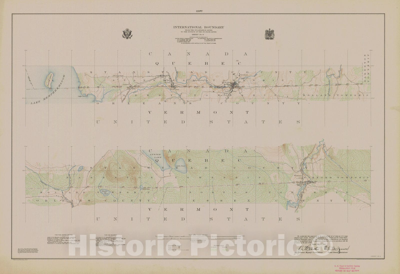 Historic Nautical Map - International Boundary, From The St. Lawrence River To The Source Of The St. Croix River, Sheet No.6, VT, 1923 NOAA Topographic - Vintage Wall Art