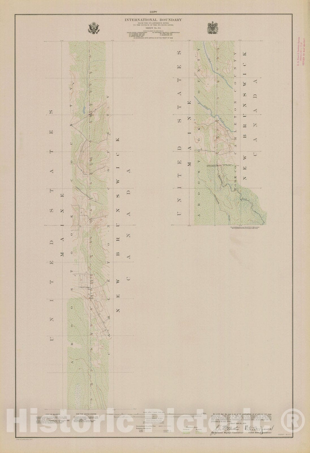 Historic Nautical Map - International Boundary, From The St. Lawrence River To The Source Of The St. Croix River, Sheet No. 61, ME, 1923 NOAA Topographic - Vintage Wall Art