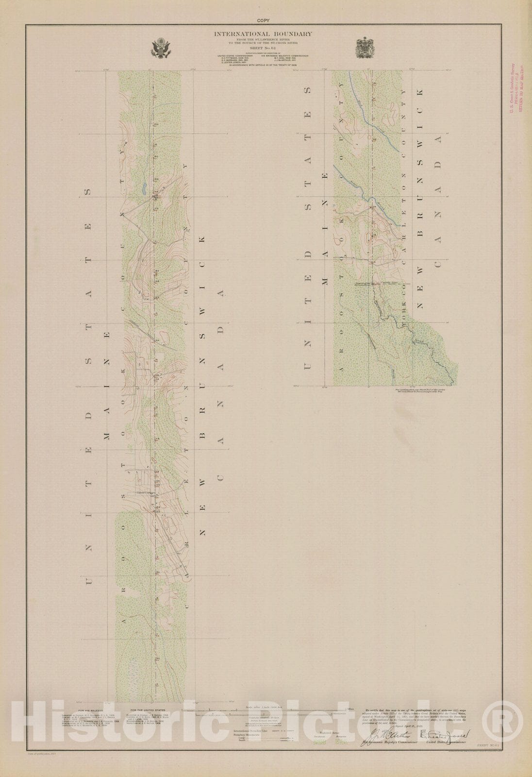 Historic Nautical Map - International Boundary, From The St. Lawrence River To The Source Of The St. Croix River, Sheet No. 61, ME, 1923 NOAA Topographic - Vintage Wall Art