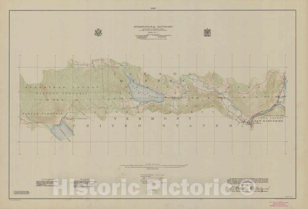 Historic Nautical Map - International Boundary, From The St. Lawrence River To The Source Of The St. Croix River, Sheet No. 7, VT, 1923 NOAA Topographic - Vintage Wall Art