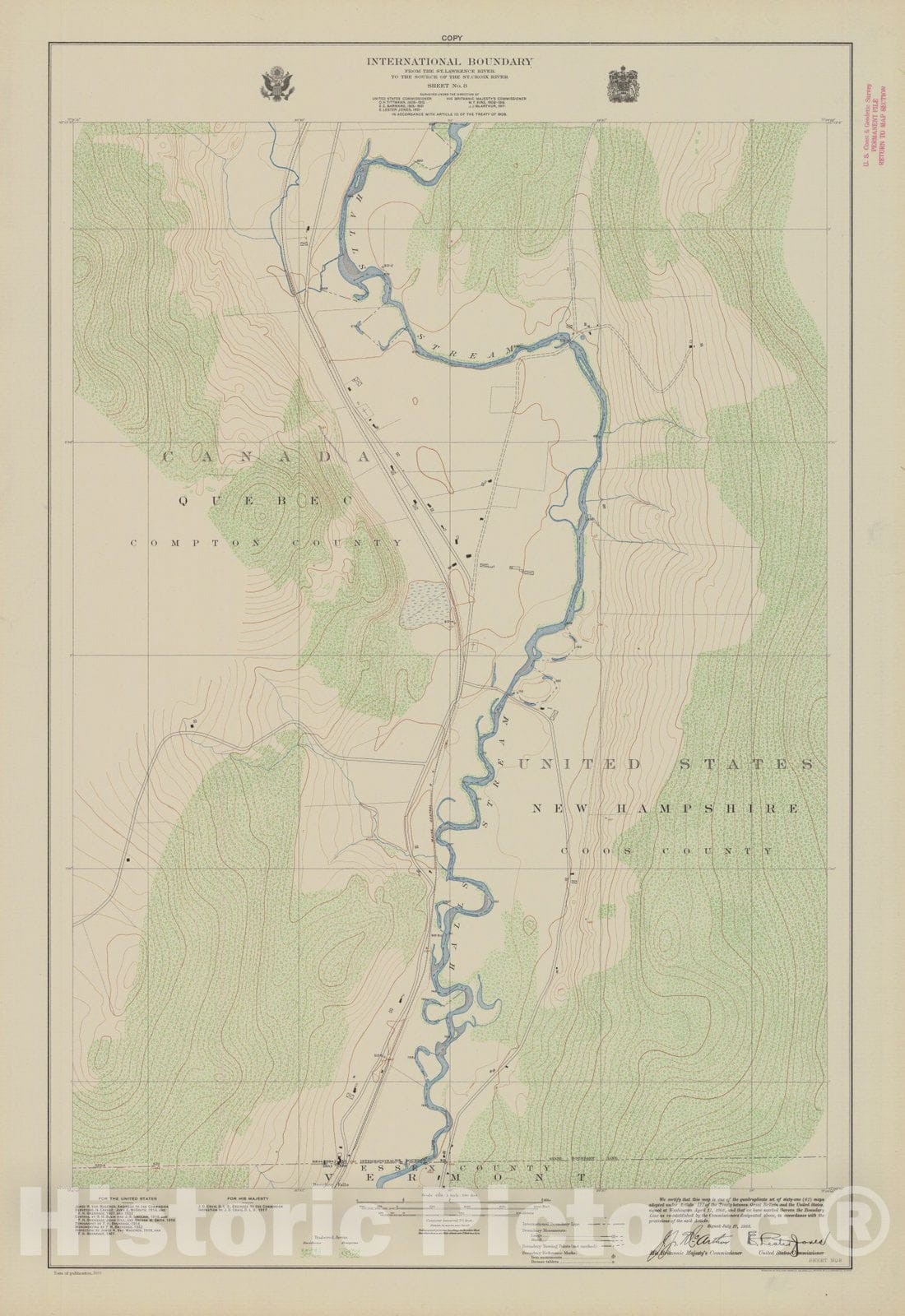 Historic Nautical Map - International Boundary, From The St. Lawrence River To The Source Of The St. Croix River, Sheet No. 8, NH, VT, 1923 NOAA Topographic - Vintage Wall Art