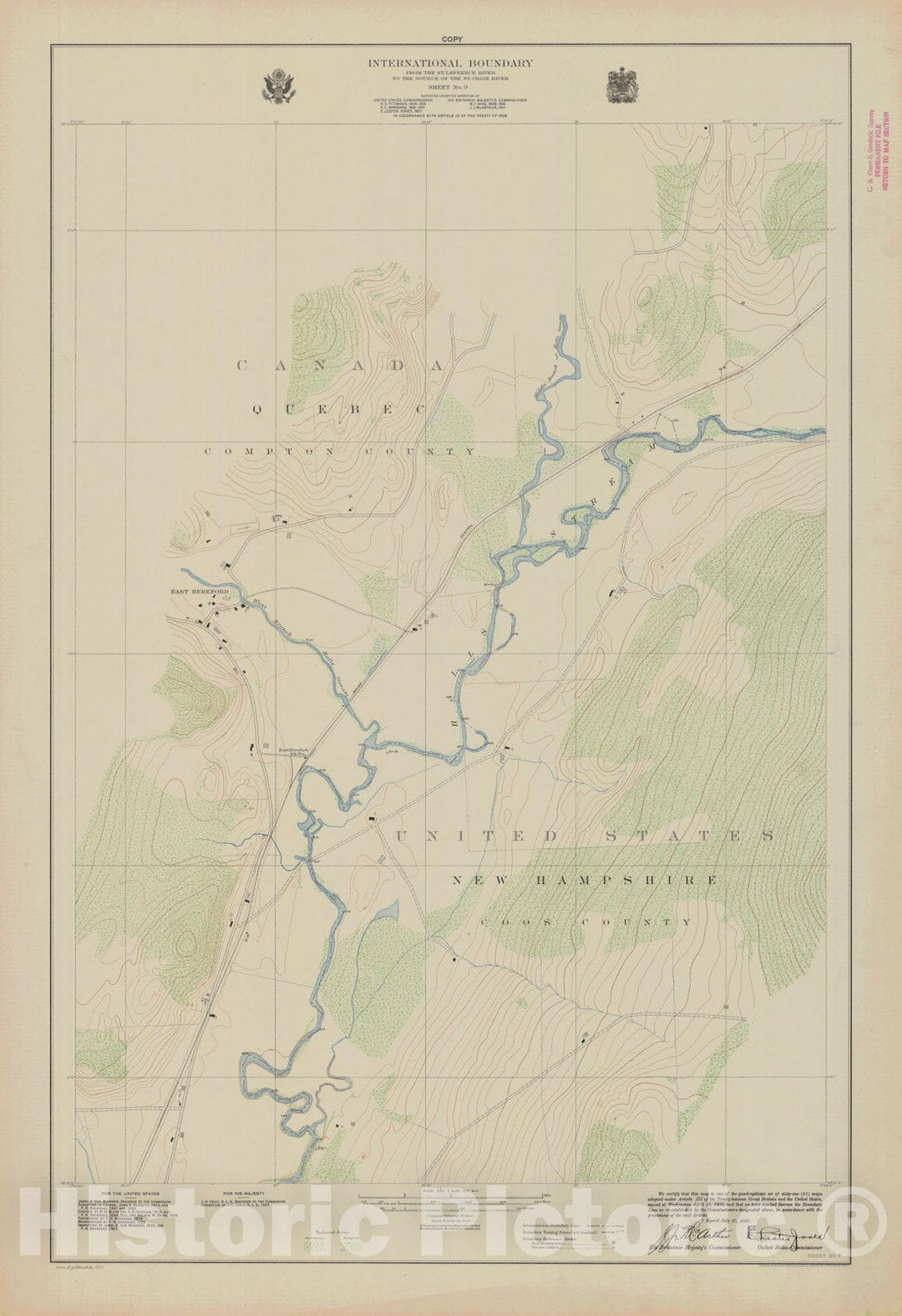 Historic Nautical Map - International Boundary, From The St. Lawrence River To The Source Of The St. Croix River, Sheet No. 9, NH, 1923 NOAA Topographic - Vintage Wall Art