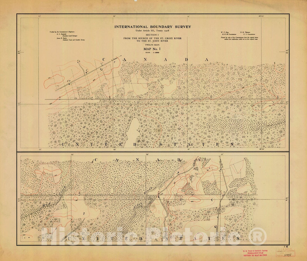 Historic Nautical Map - International Boundary, From The Source Of The St. Croix River To The St. John River, Survey Map No.1, ME, 1908 NOAA Topographic - Vintage Wall Art