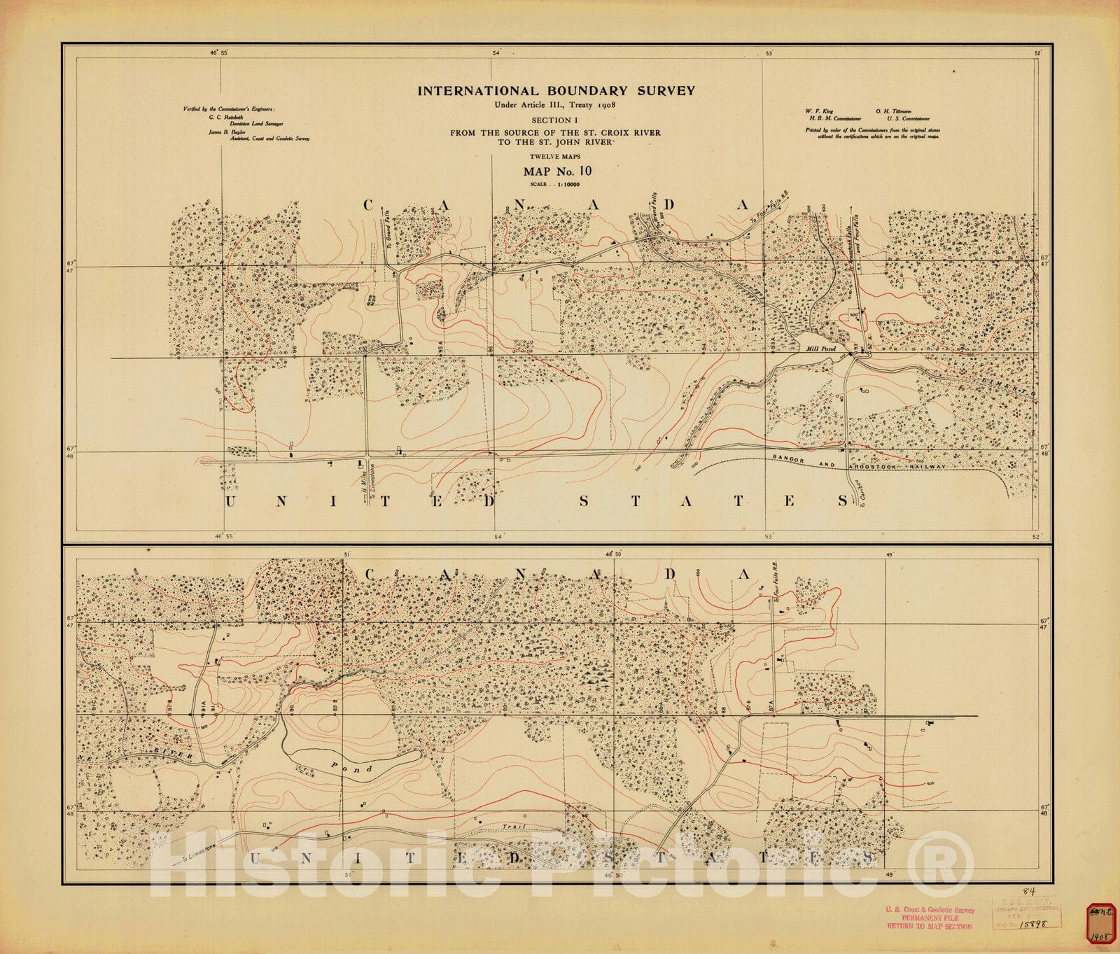 Historic Nautical Map - International Boundary, From The Source Of The St. Croix River To The St. John River, Survey Map No.10, ME, 1908 NOAA Topographic - Vintage Wall Art